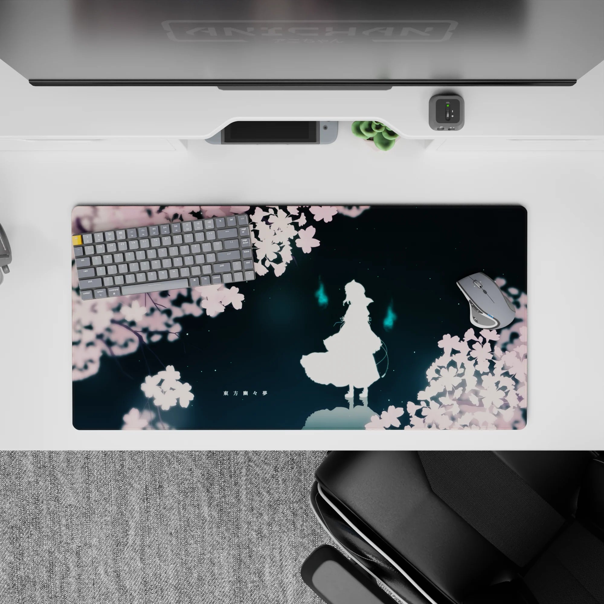 32x16 inches anime desk mat in deep teal and soft pink, calm late-night mood with subtle haunting glow.