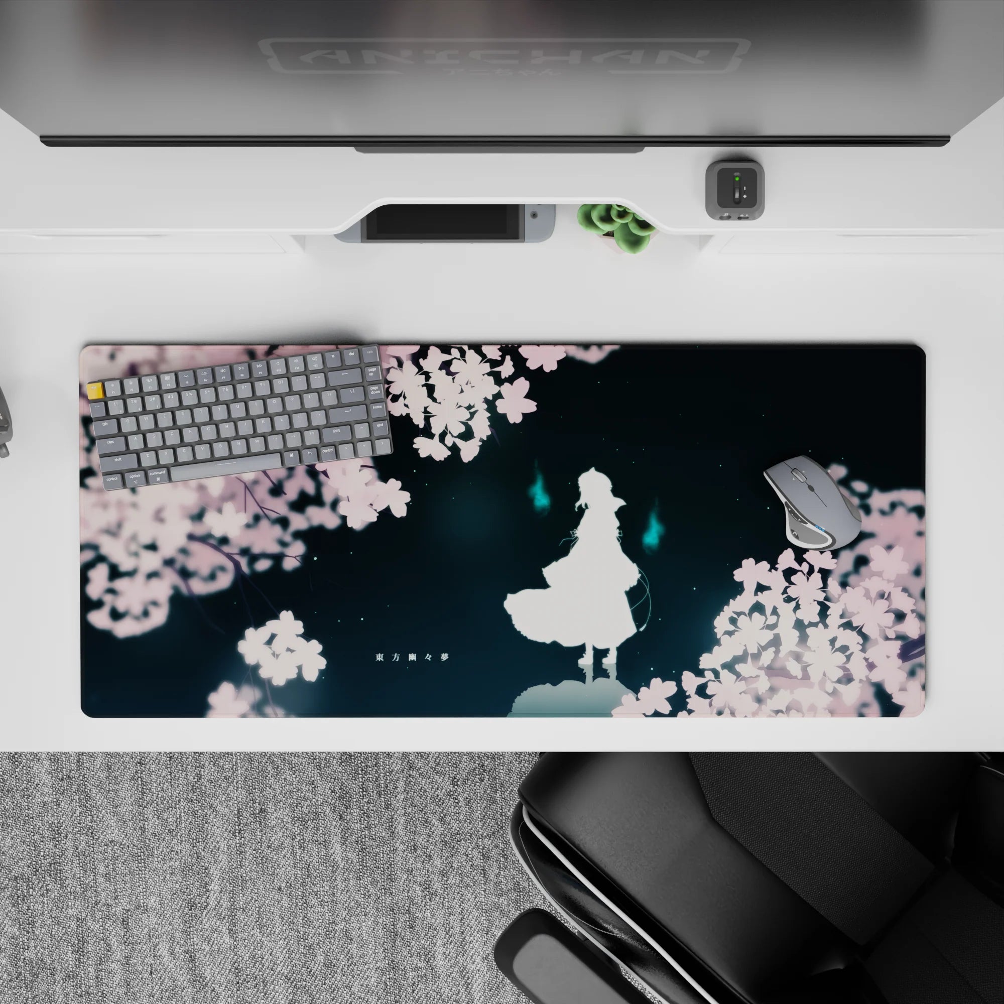 36x16 inches anime desk mat in deep teal and soft pink, dreamy late-night vibe with clean negative space.