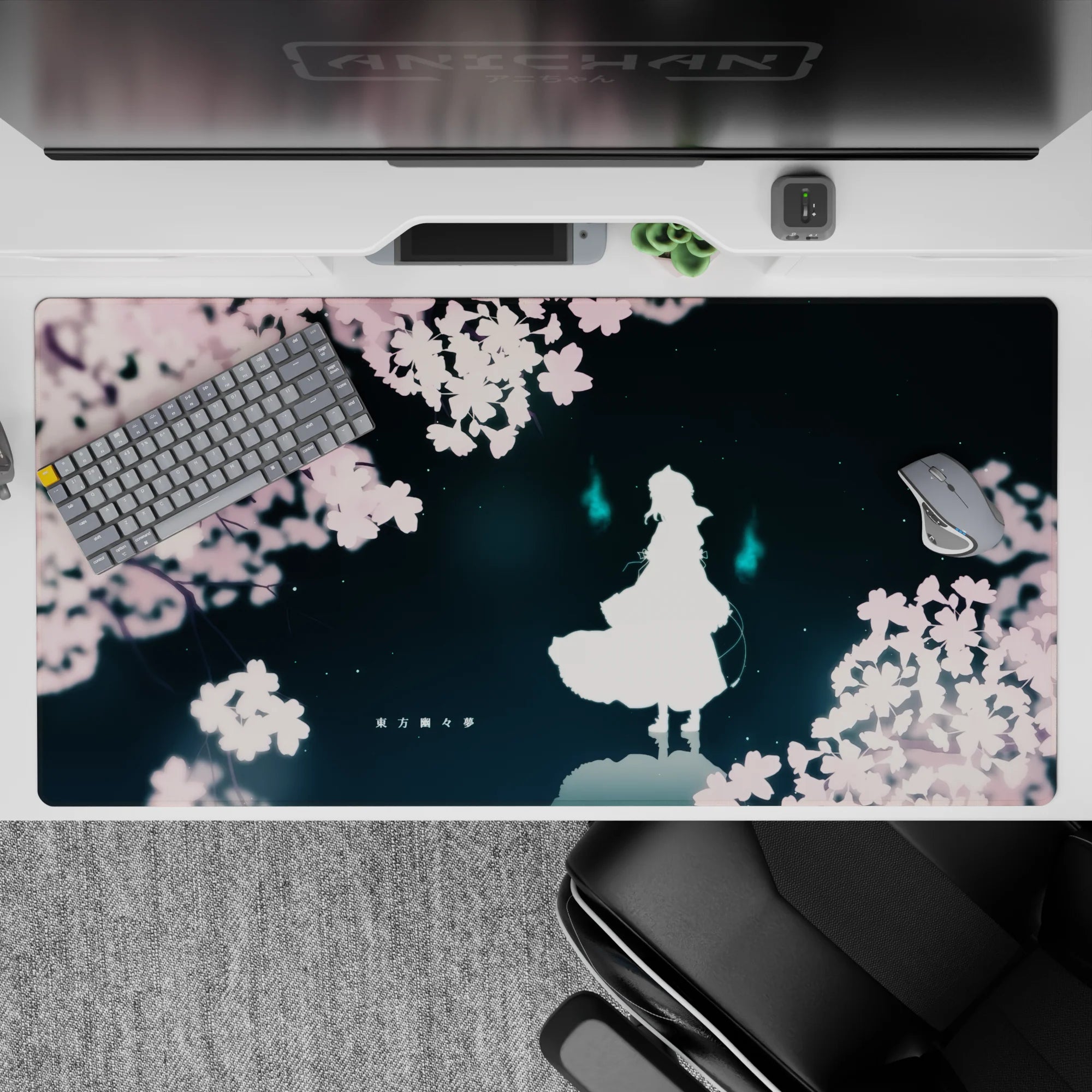 40x20 inches anime desk pad in deep teal and soft pink, calm late-night vibe with dreamy cyan glow.