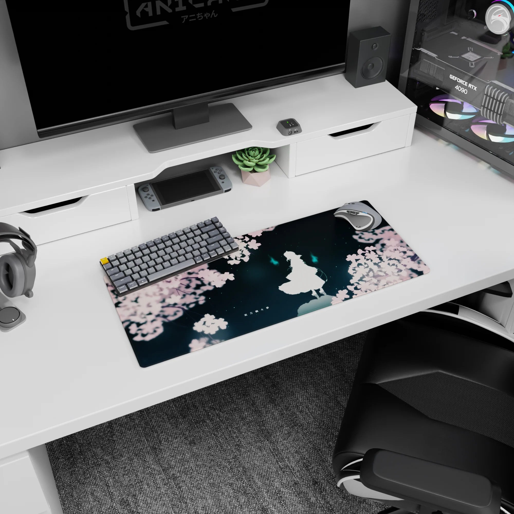 28x12 inches anime mouse pad showing a calm white figure under sakura petals with two cyan ghost flames nearby.