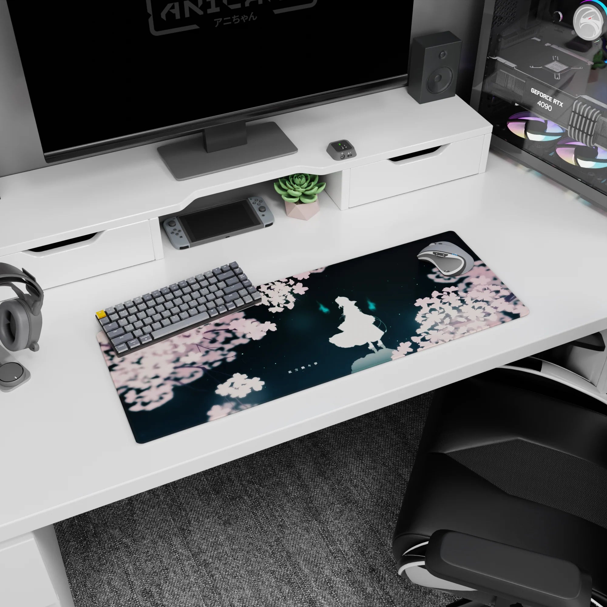 32x12 inches anime mouse pad showing a lone white figure under sakura with two cyan spirit flames hovering.