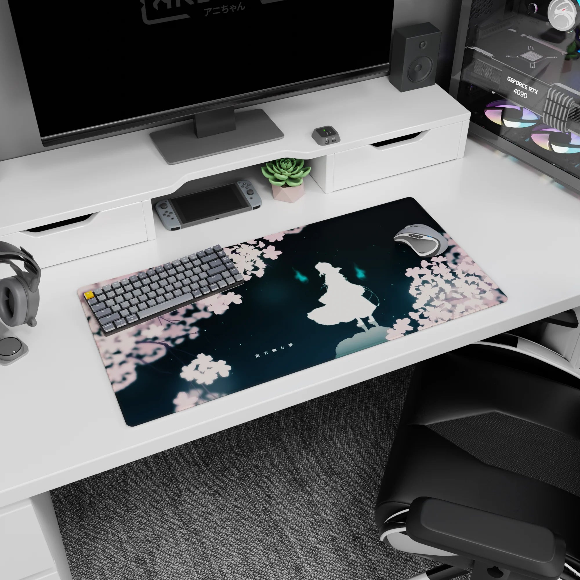 32x16 inches anime mouse pad showing a white figure under sakura blossoms with two cyan ghost flames nearby.