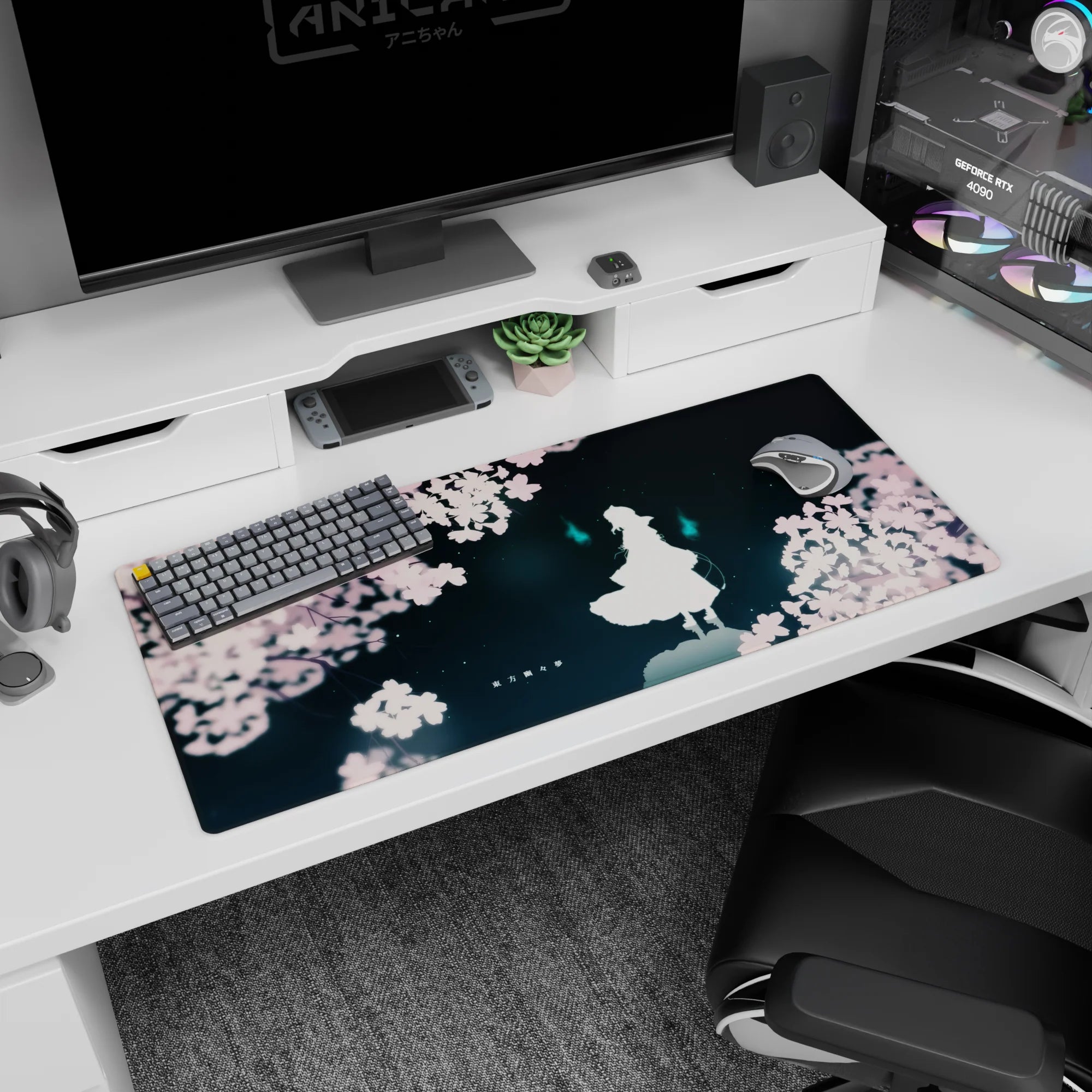 36x16 inches anime desk pad showing a lone white figure under sakura, two cyan ghost flames hovering nearby.