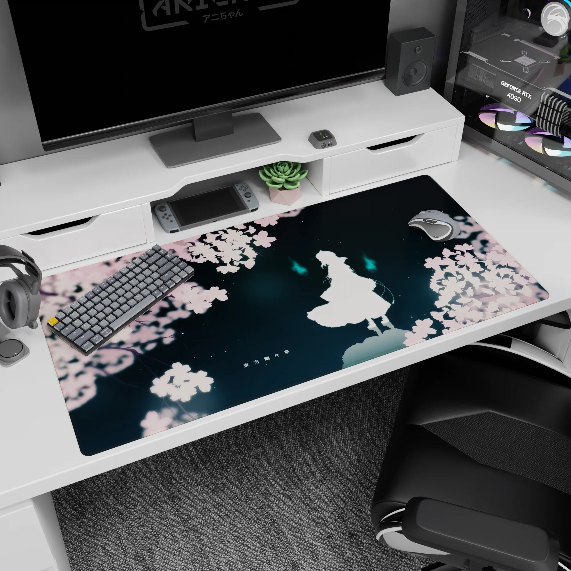 40x20 inches anime desk pad showing a lone white figure under sakura petals with two cyan will-o'-wisps.