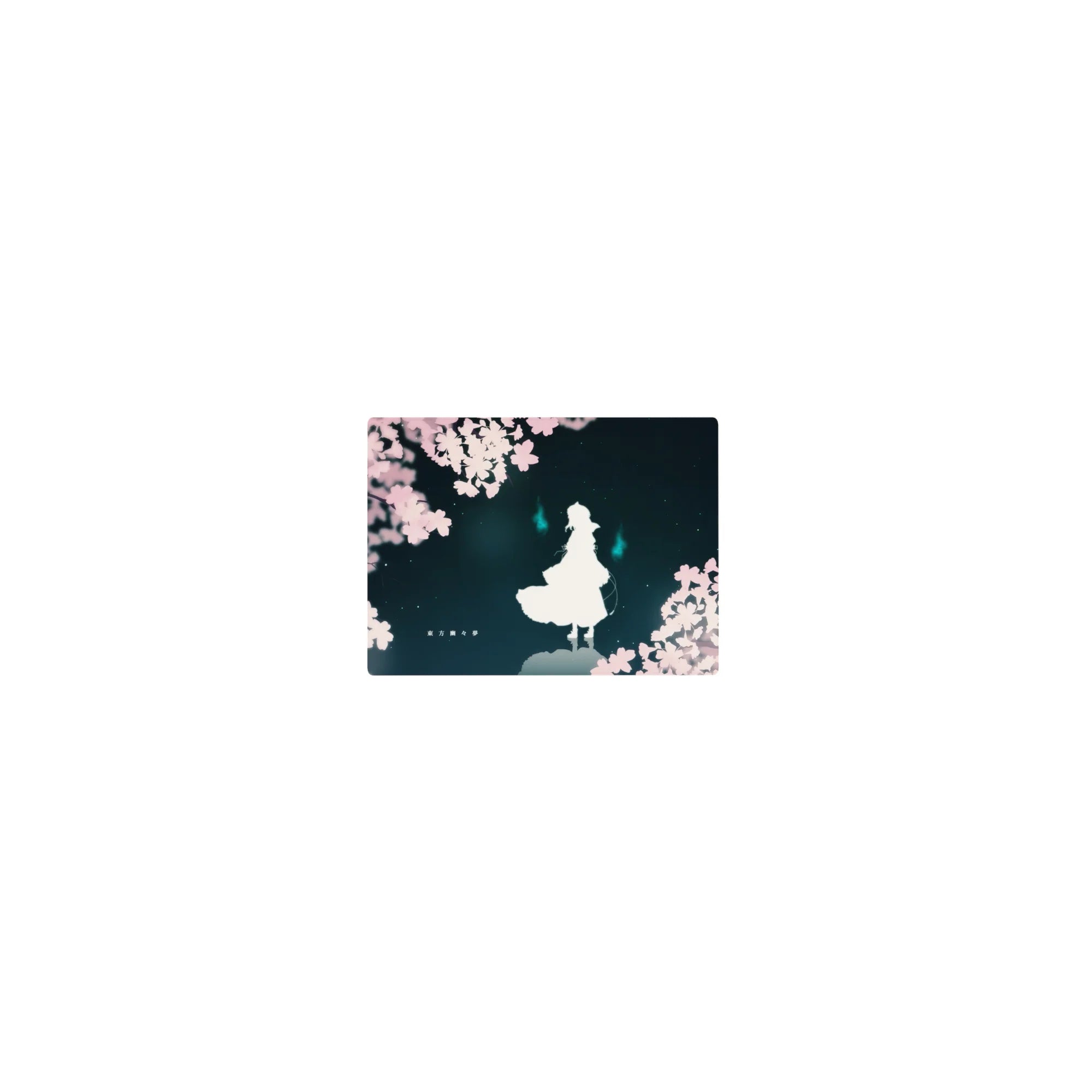 Classic anime mouse pad 14x10 inches with sakura petals, white silhouette, teal sky, and cyan flames.