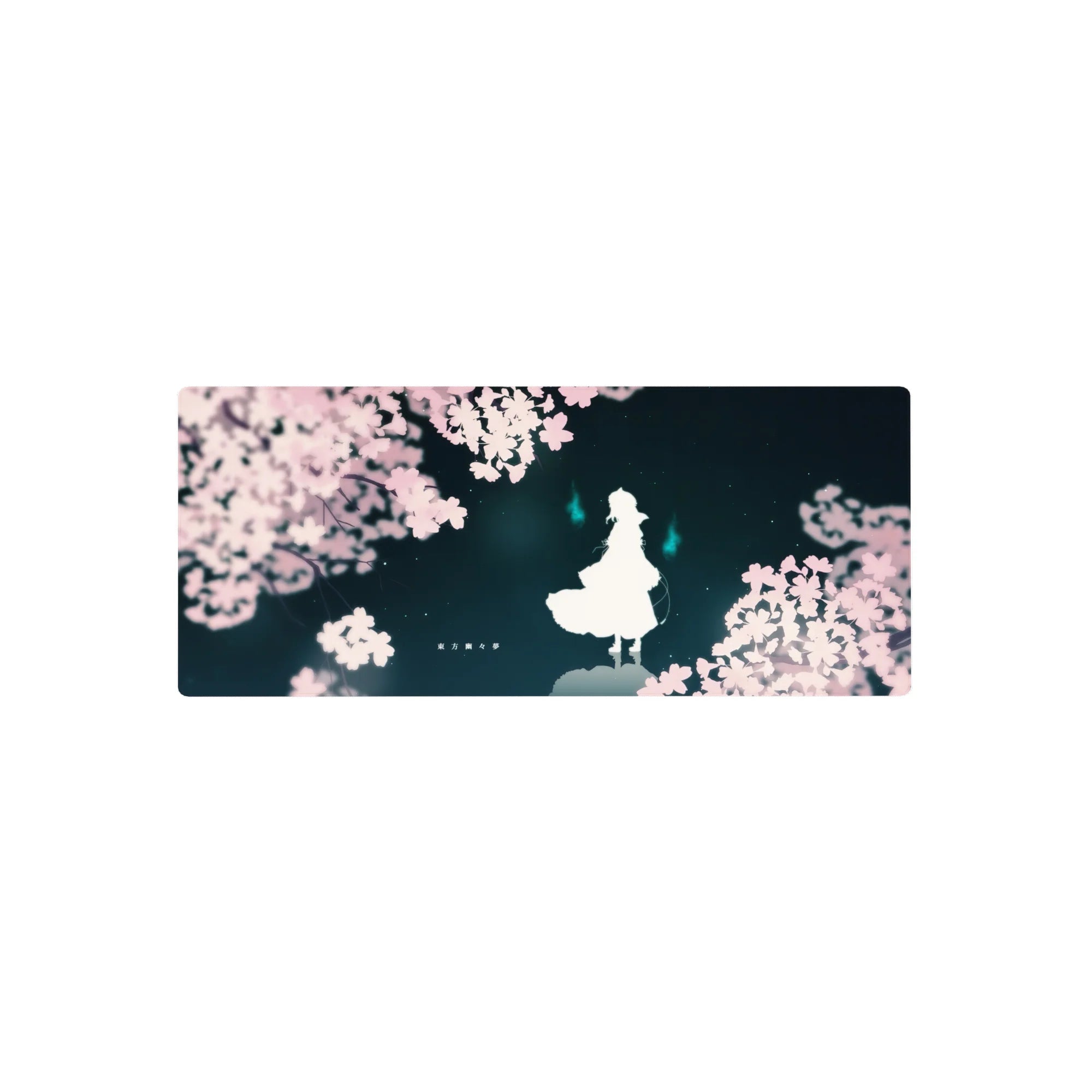 28x12 inches anime mouse pad with sakura petals, lone white silhouette, and cyan spirit flames on teal sky.