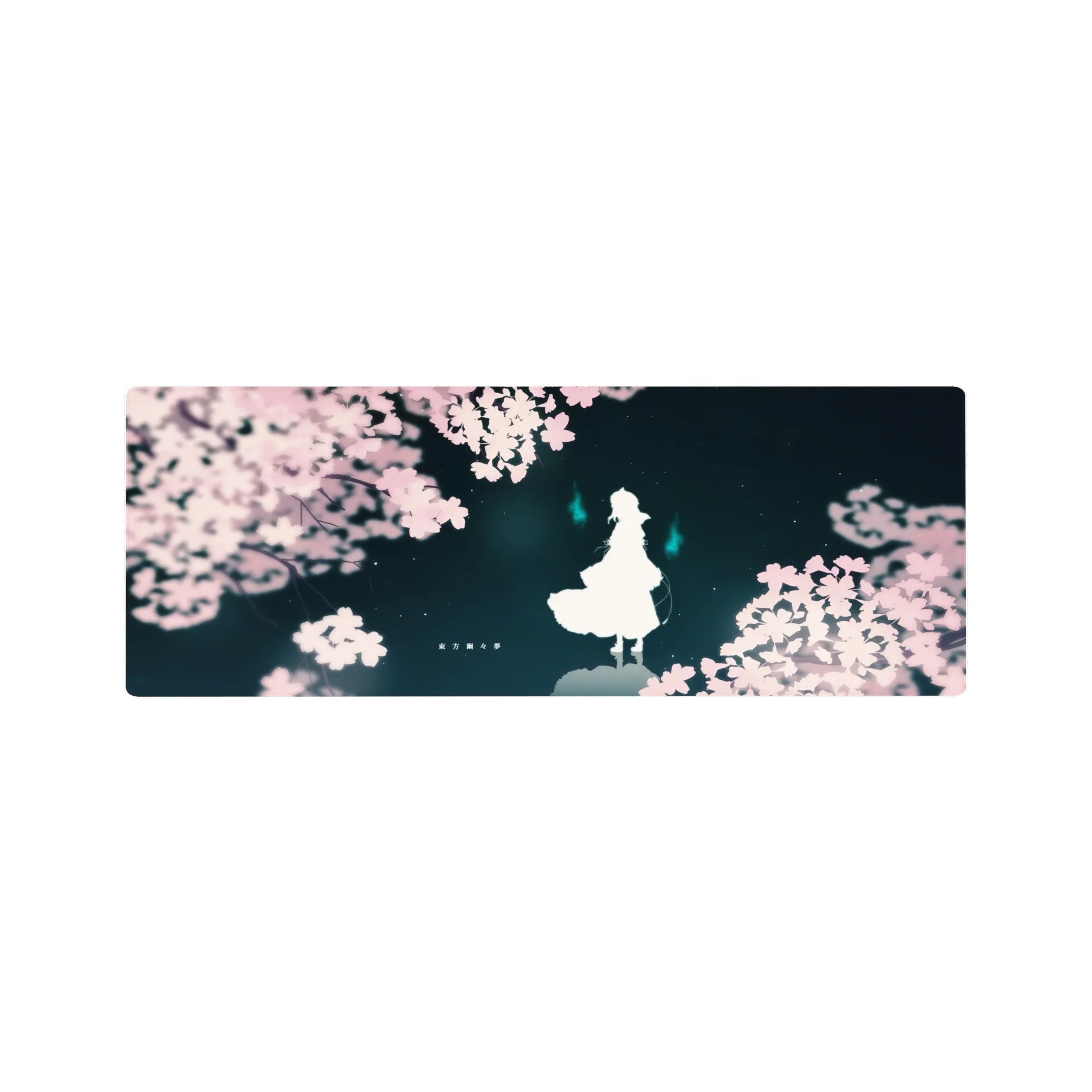 32x12 inches anime mouse pad with sakura petals framing a lone white silhouette on deep teal sky.