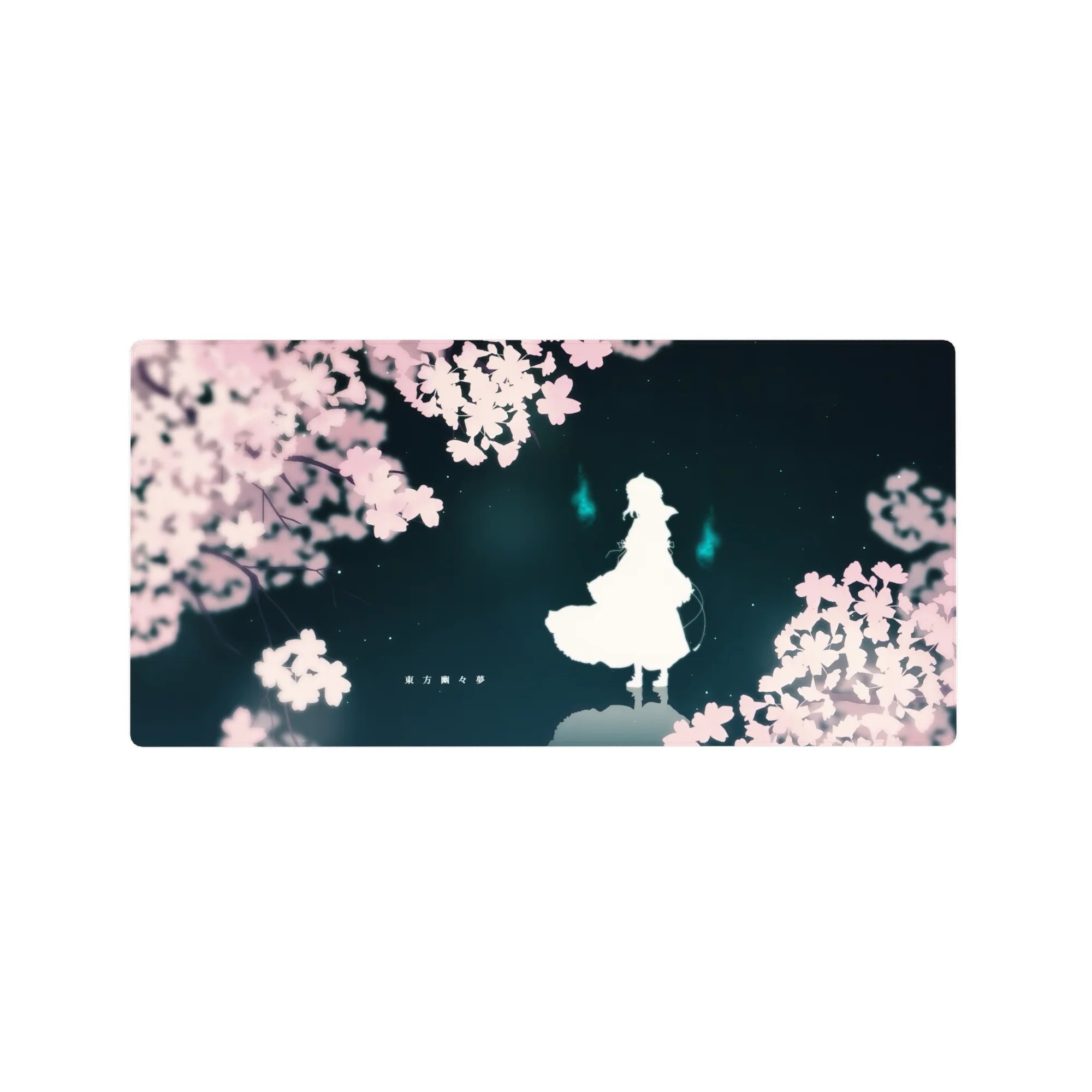 32x16 inches anime mouse pad with sakura petals, lone white silhouette, and floating cyan spirit flames.