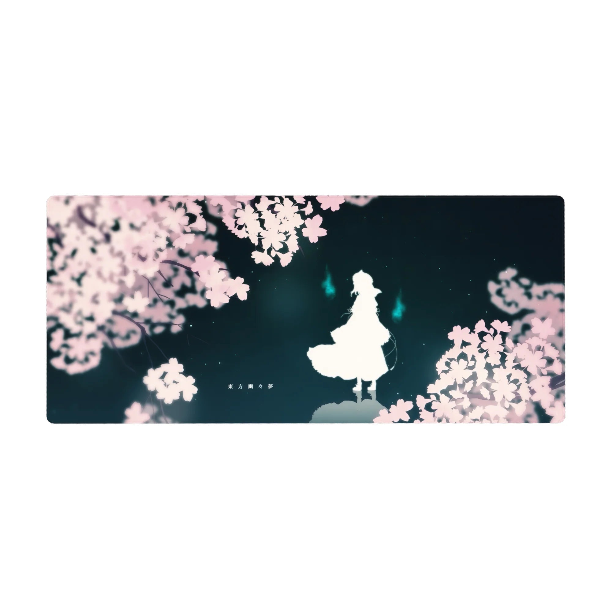 36x16 inches anime desk pad with sakura petals, white silhouette figure, and cyan spirit flames on teal sky.