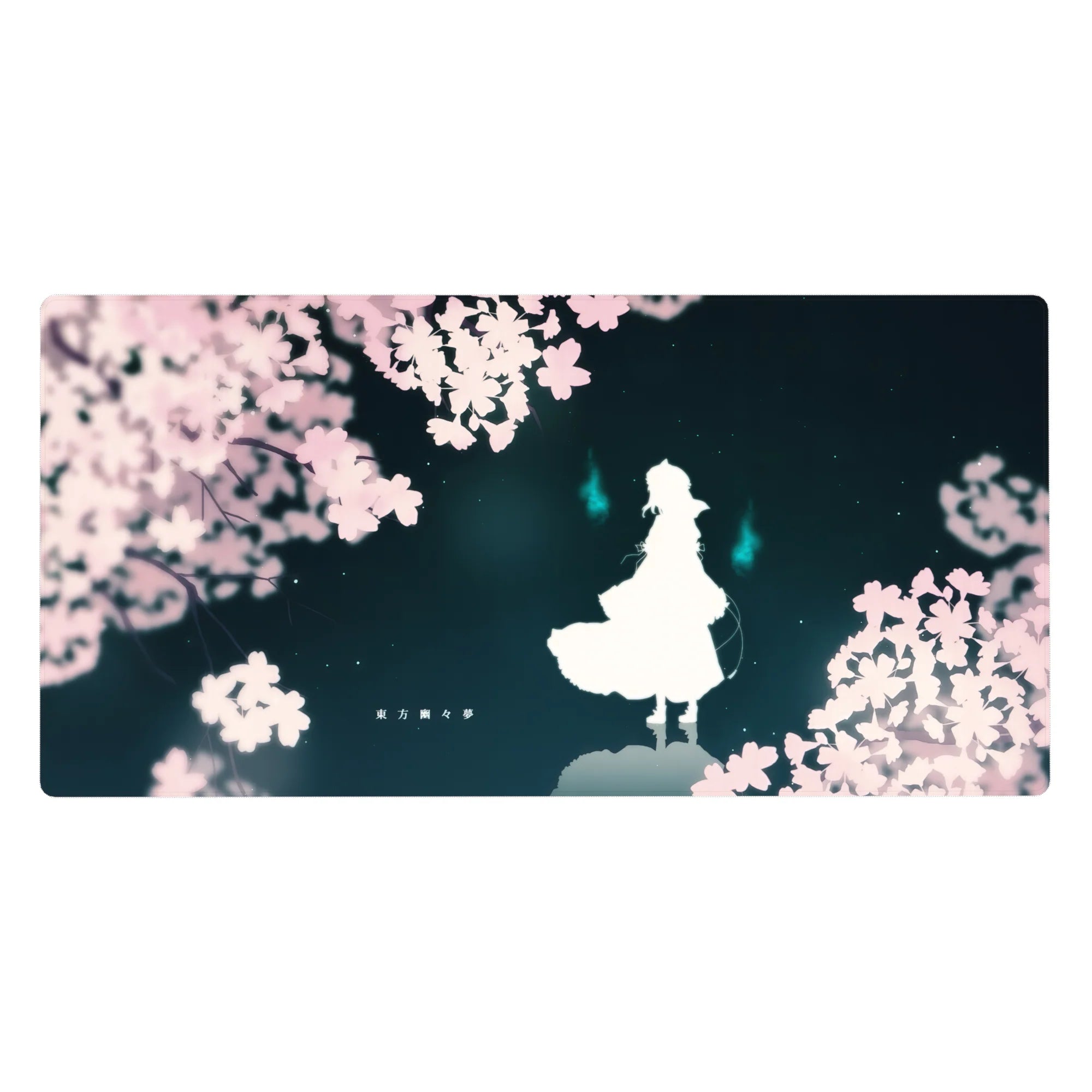 Anime desk pad 40x20 inches with sakura petals, white silhouette figure, and cyan spirit flames on teal sky.