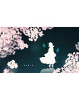 Anime desk pad 40x20 inches with sakura petals, white silhouette figure, and cyan spirit flames on teal sky.
