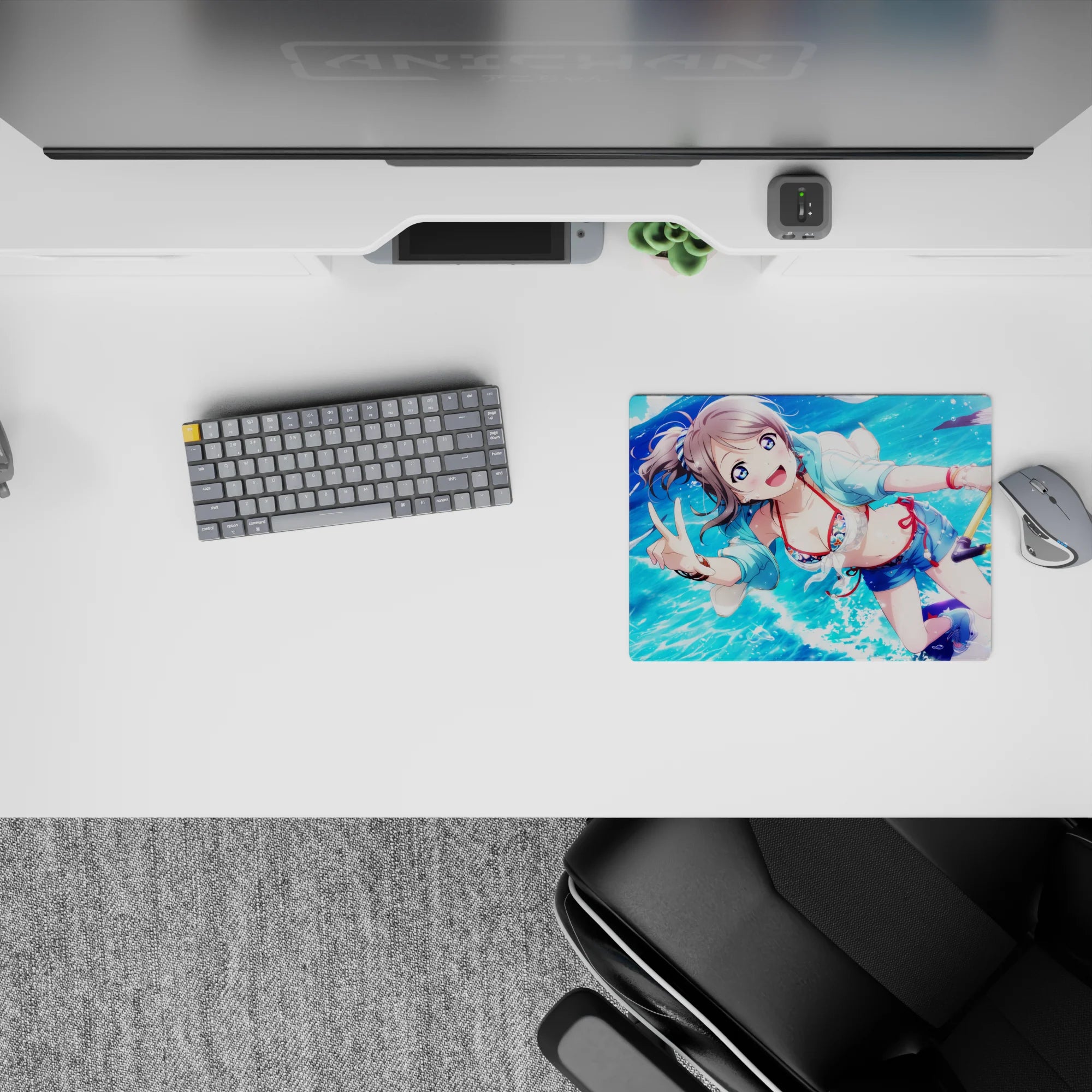 Bright blue summer crush anime mouse pad 14x10 inches, pastel tones, sparkling water droplets, beachy vibe.