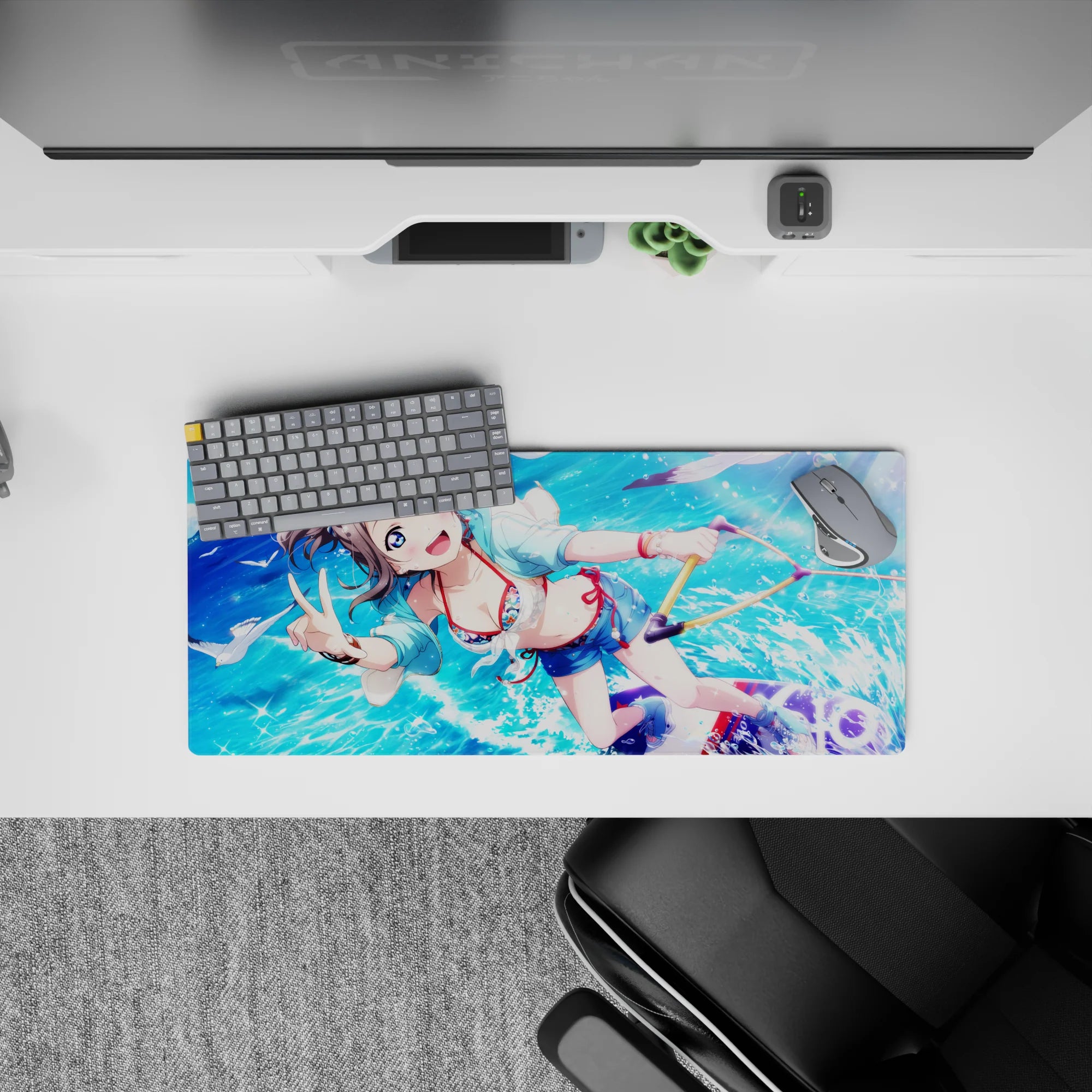 28x12 inches anime girl mouse pad in bright ocean blues with sparkling bubbles and a fun summer crush vibe.