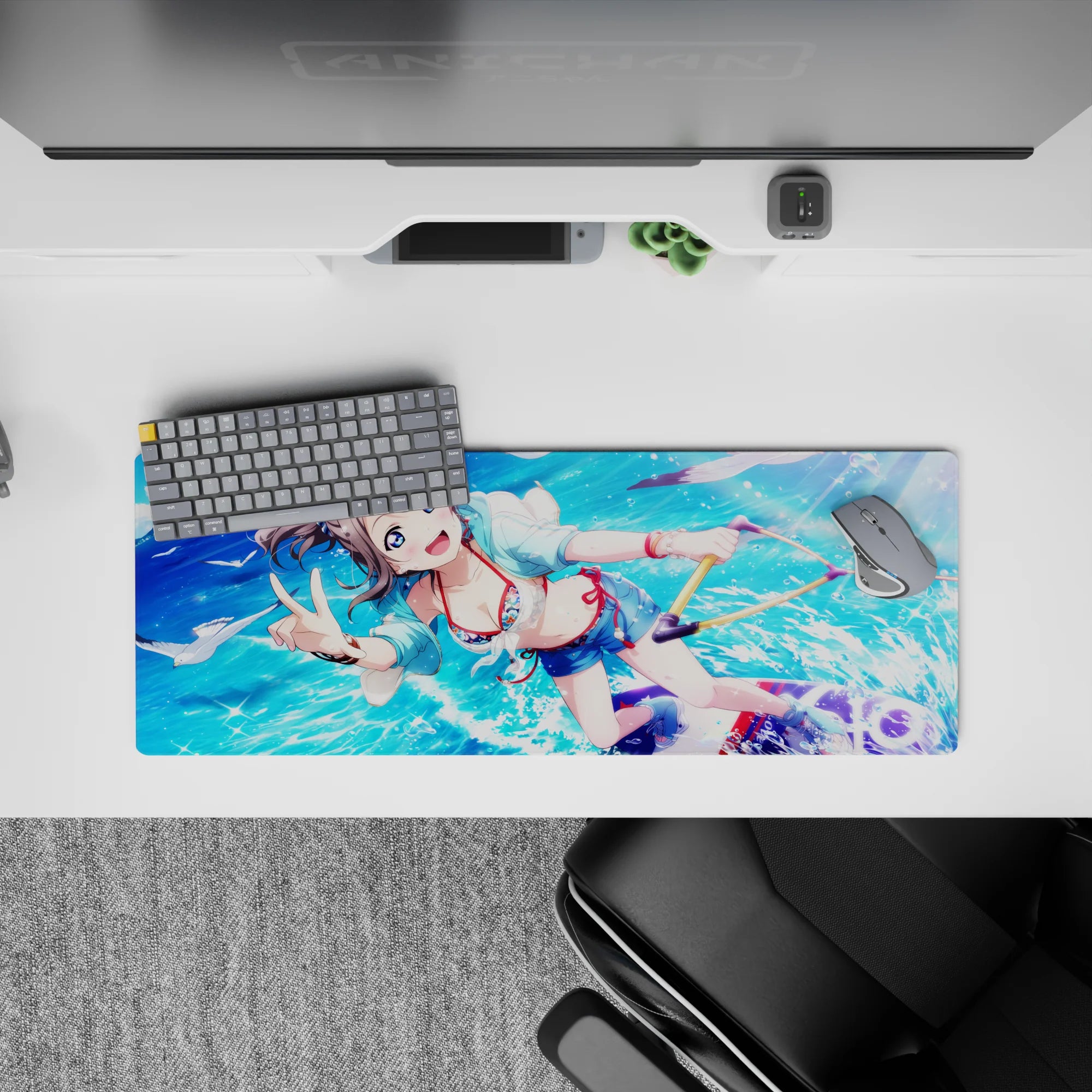 32x12 inches anime desk mouse pad in bright ocean blues with sparkles, summer crush vibes, smooth glide.
