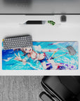 32x12 inches anime desk mouse pad in bright ocean blues with sparkles, summer crush vibes, smooth glide.
