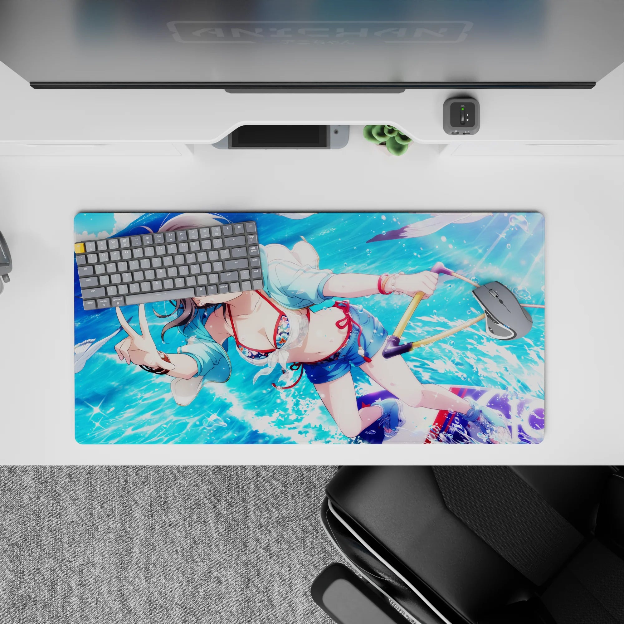 32x16 inches anime desk mat in bright ocean blues with sparkling bubbles, summery crush vibes and crisp print.