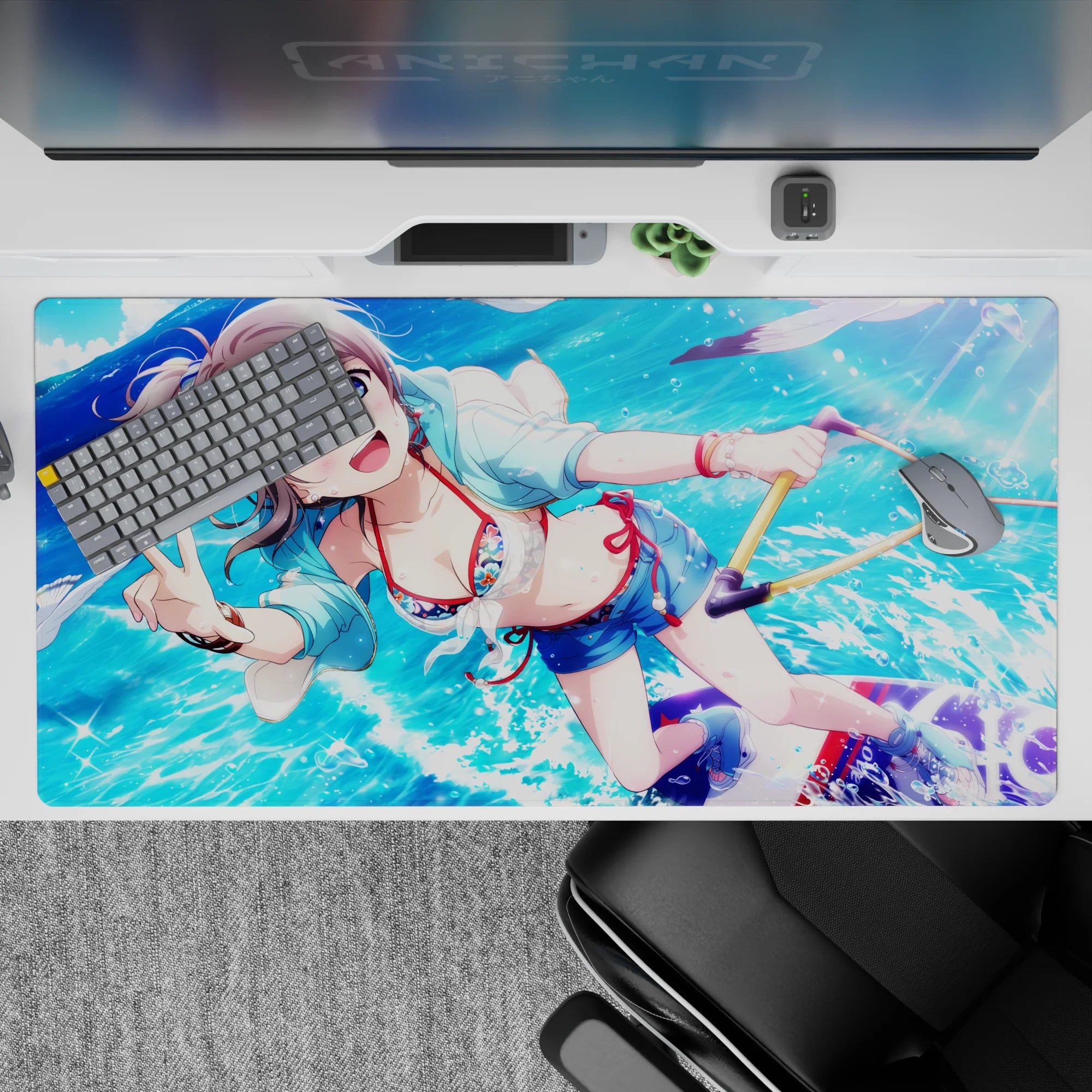 Summer crush vibe desk pad 40x20 inches in bright ocean blues with sparkling bubbles and crisp droplets.