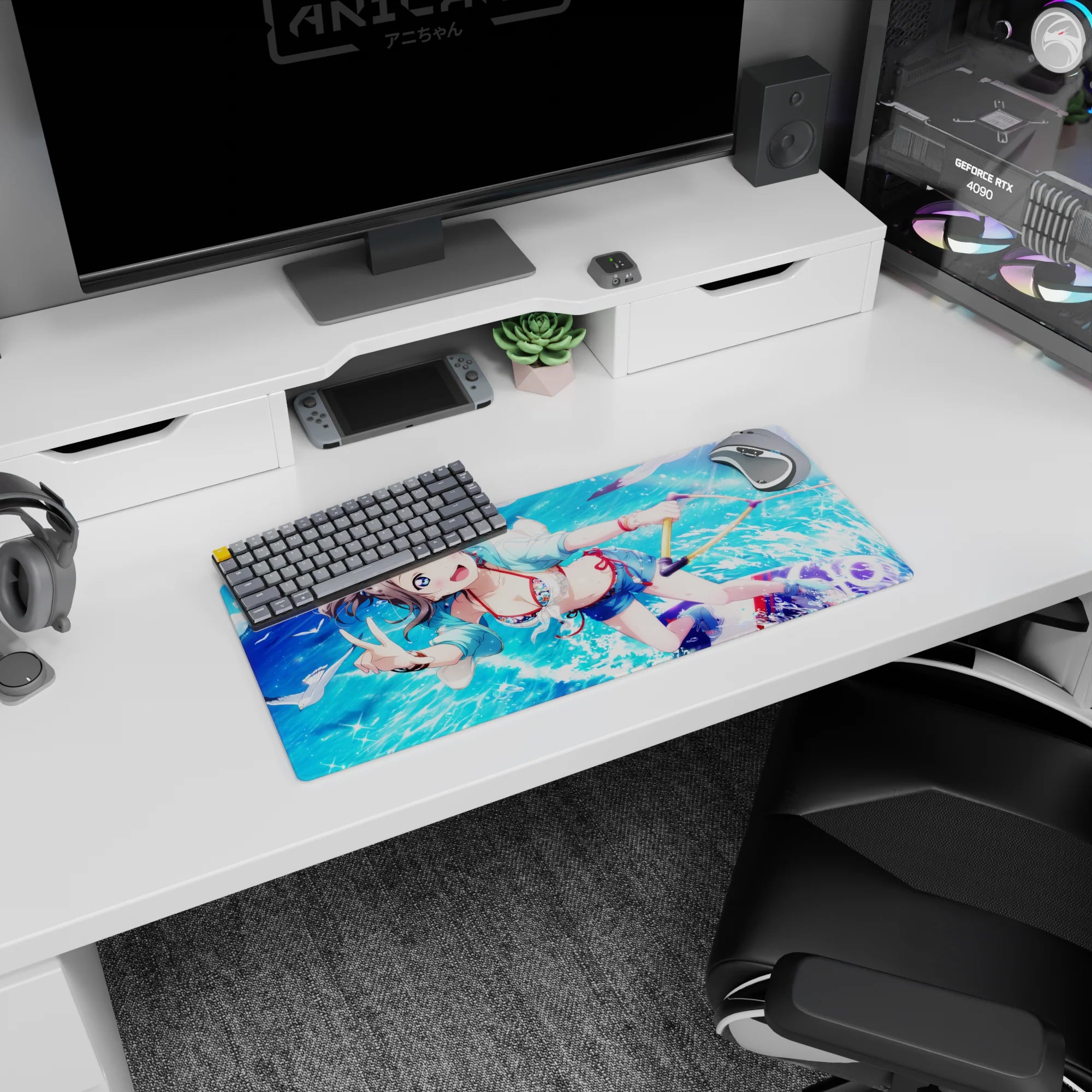 28x12 inches anime girl mouse pad featuring a smiling girl with water droplets, peace sign, and beachy backdrop.