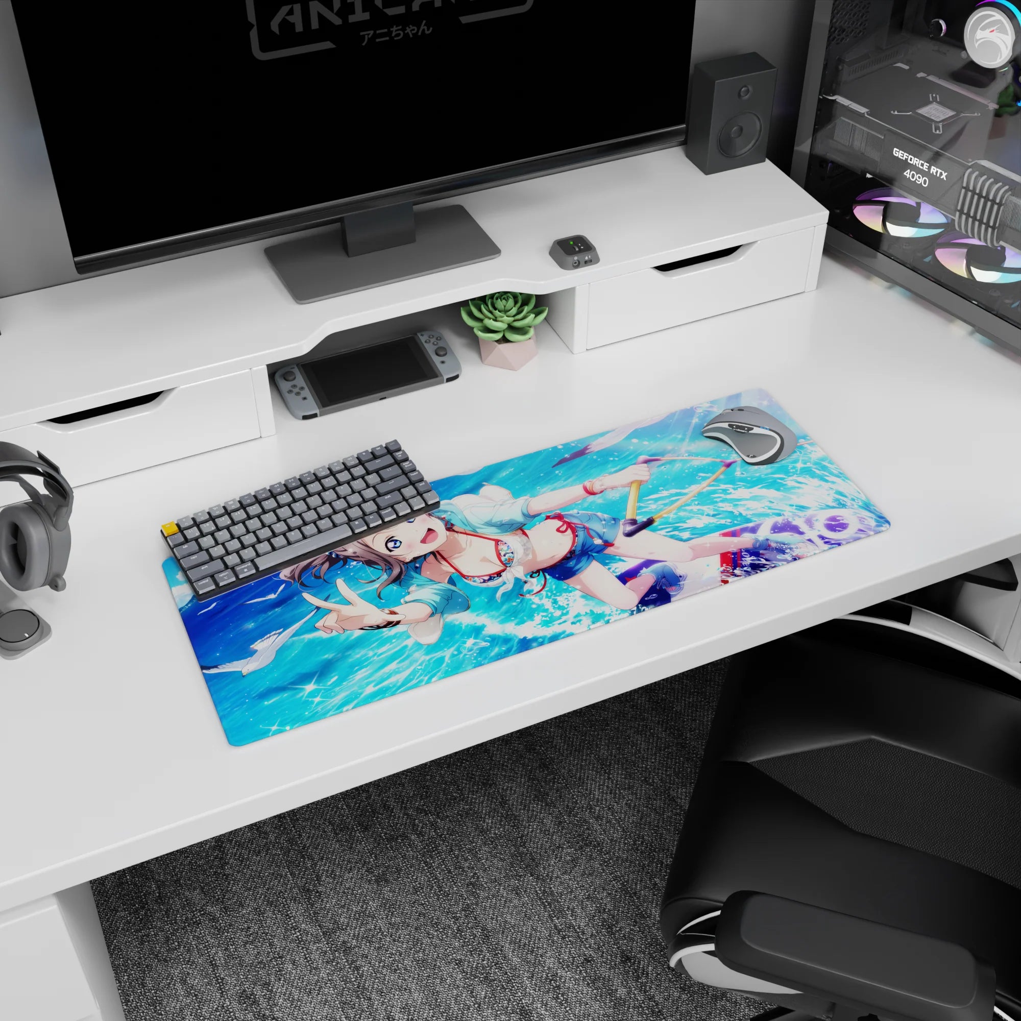 32x12 inches extended mouse pad showing cute anime girl with water droplets, beachy hoodie, playful V sign.