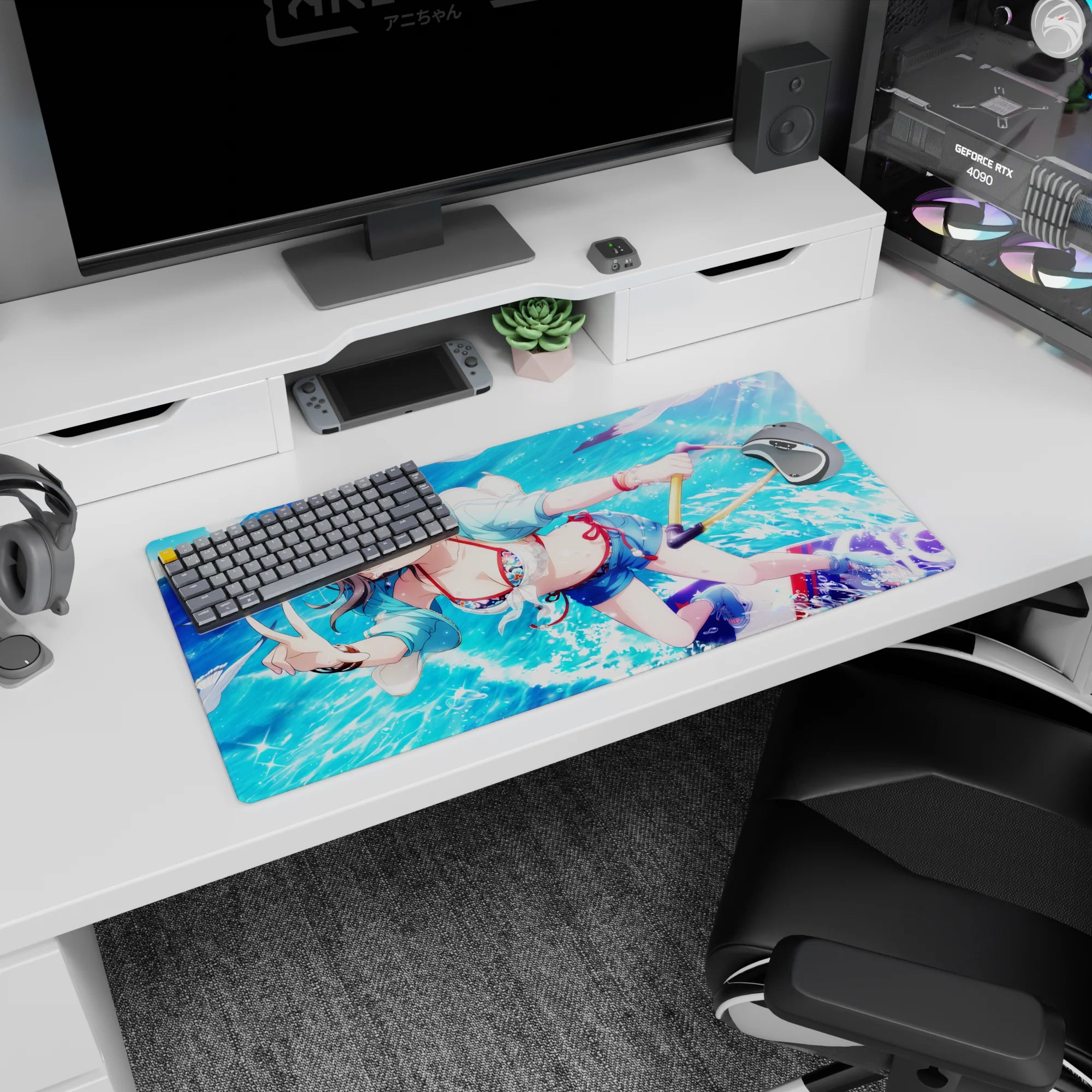 32x16 inches mouse pad featuring a cute anime girl with water droplets, pastel hoodie, and cheeky peace sign.