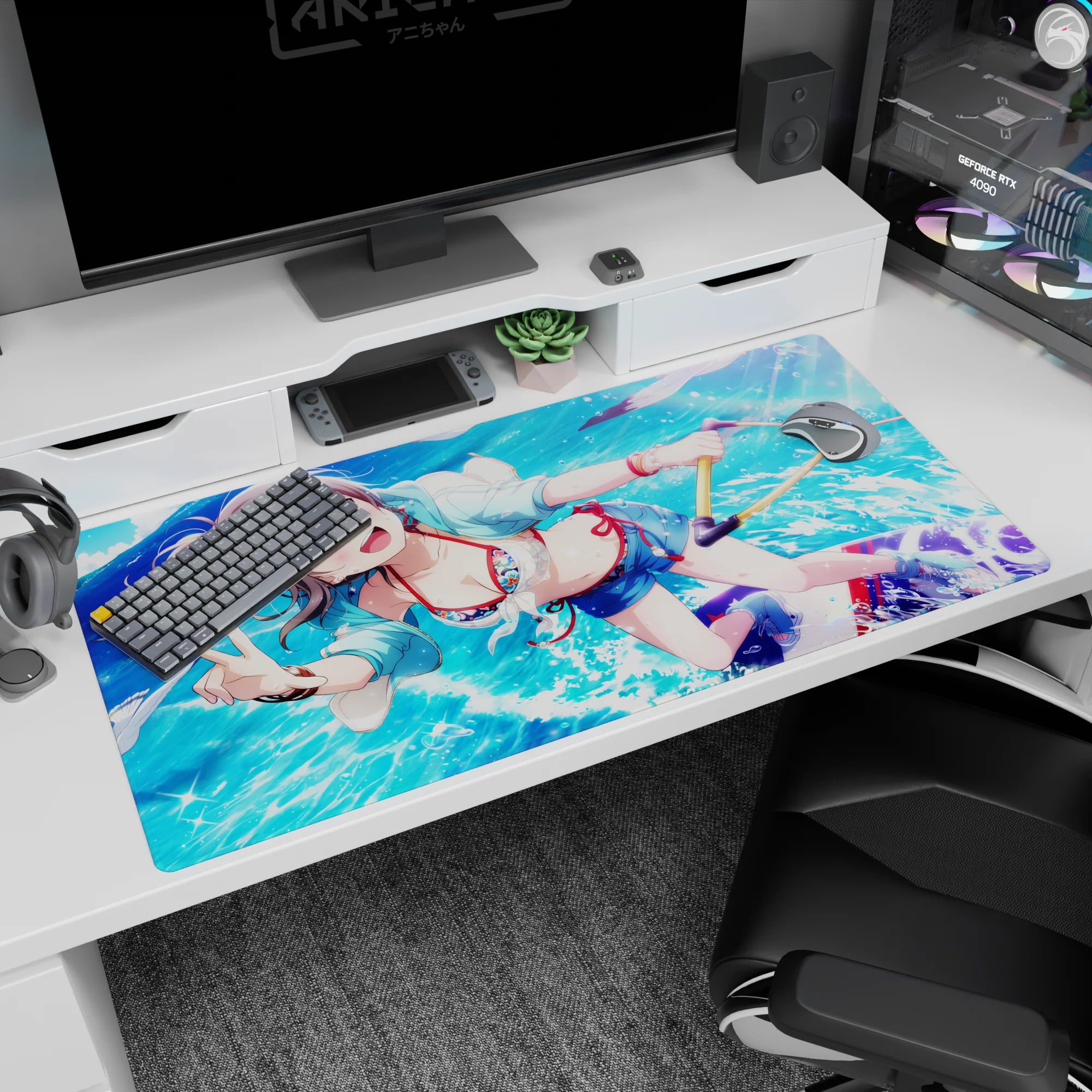 Cute anime girl in pastel hoodie flashing a peace sign on a 40x20 inches desk pad with beachy bubbles.