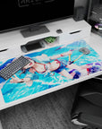 Cute anime girl in pastel hoodie flashing a peace sign on a 40x20 inches desk pad with beachy bubbles.