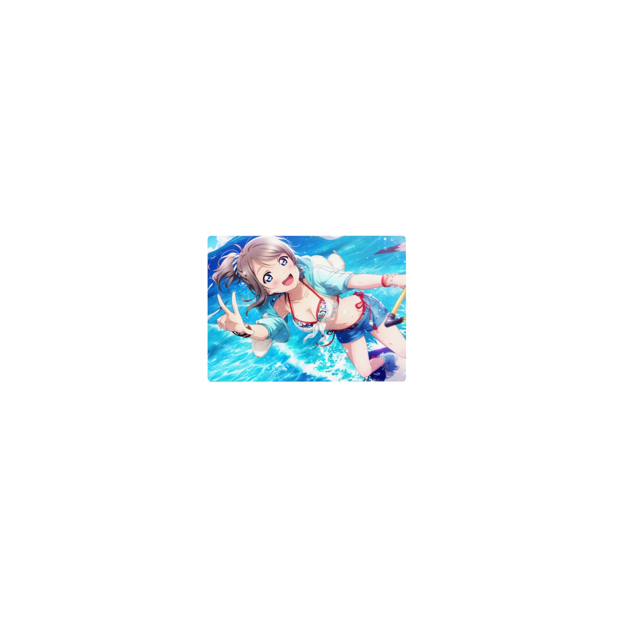 Classic anime girl mouse pad 14x10 inches with ocean bubbles, peace sign pose, hoodie and bikini accents.