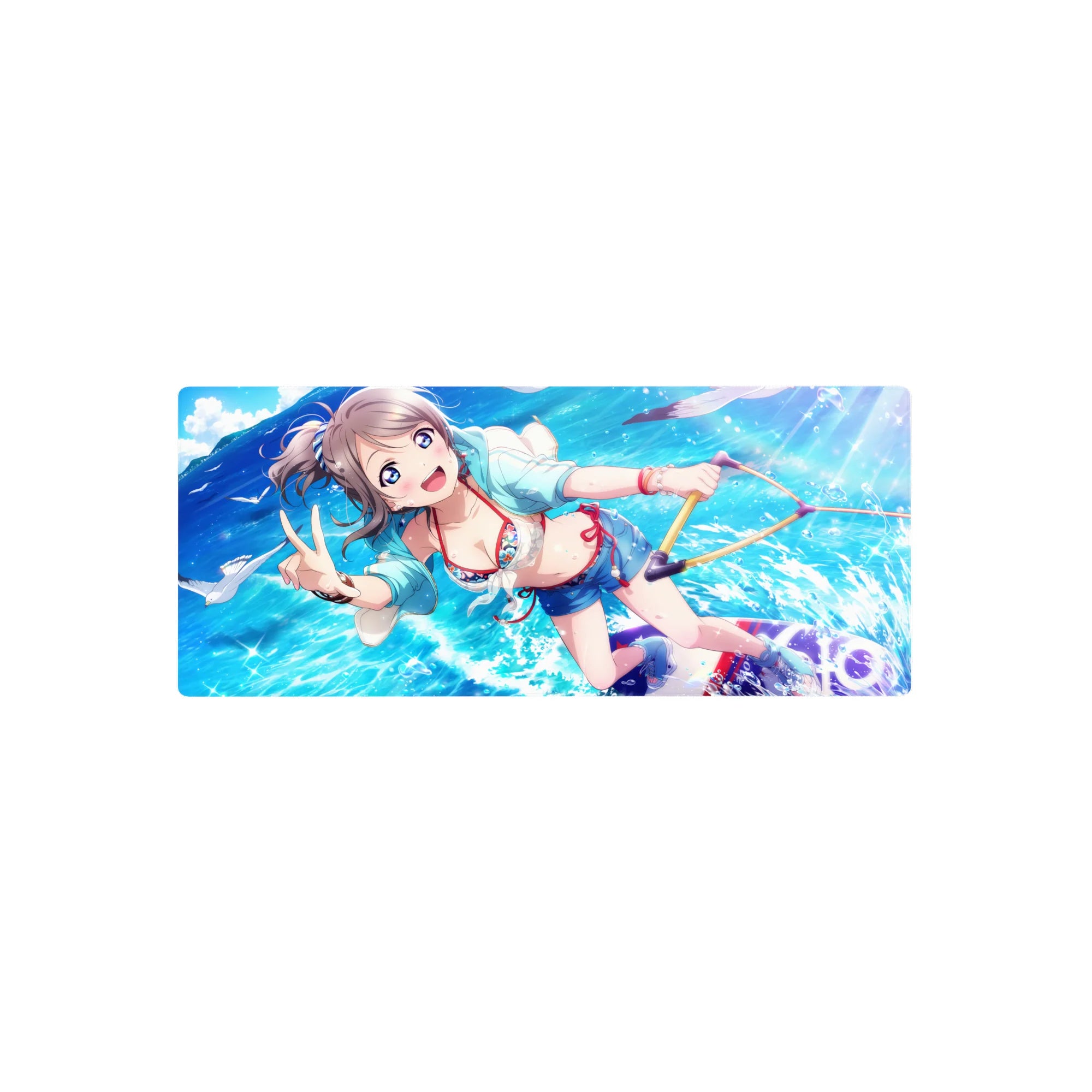 28x12 inches anime girl mouse pad with ocean bubbles, pastel hoodie, floral bikini details, peace sign.