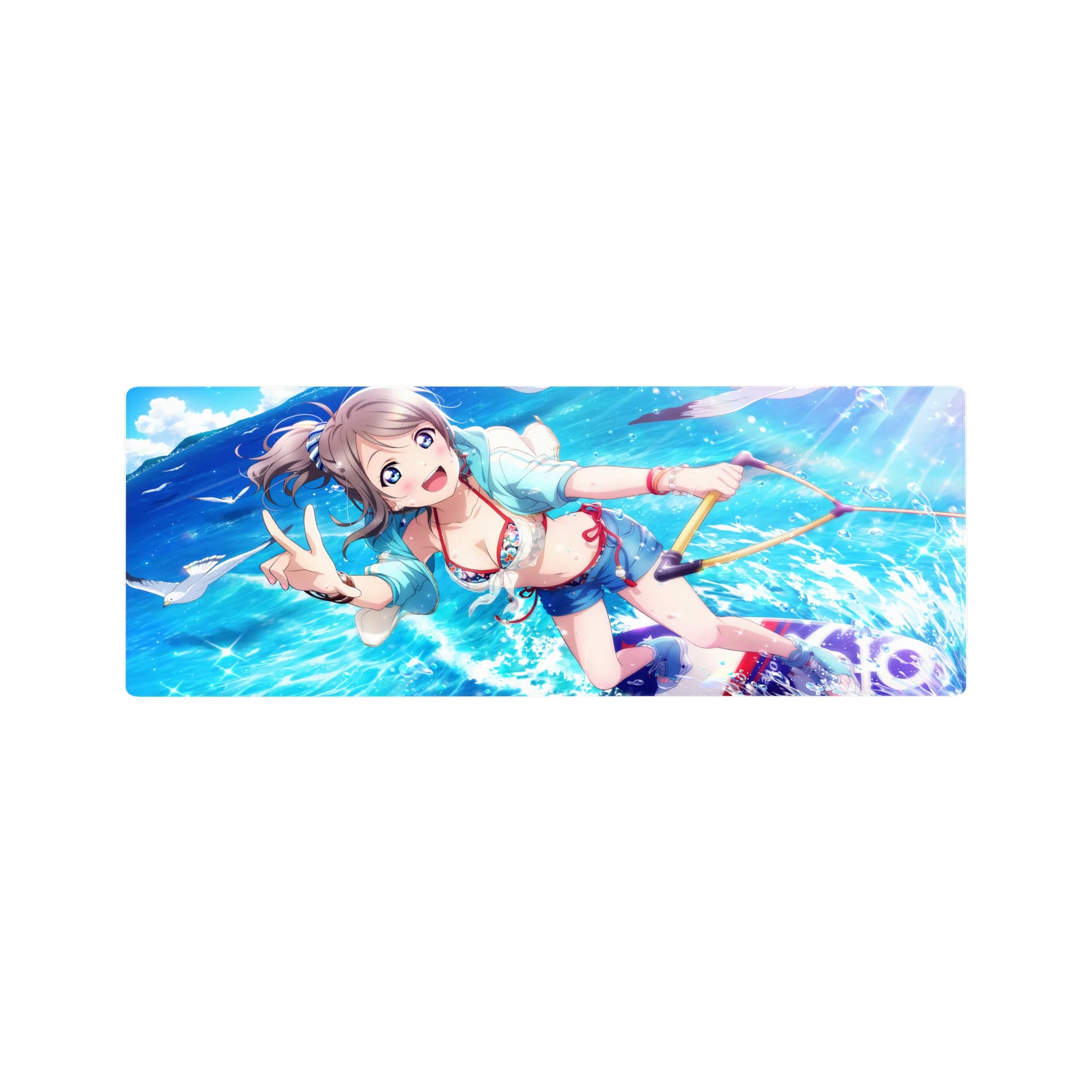 32x12 inches anime girl mouse pad with ocean bubbles, pastel hoodie, floral bikini accents, peace sign.