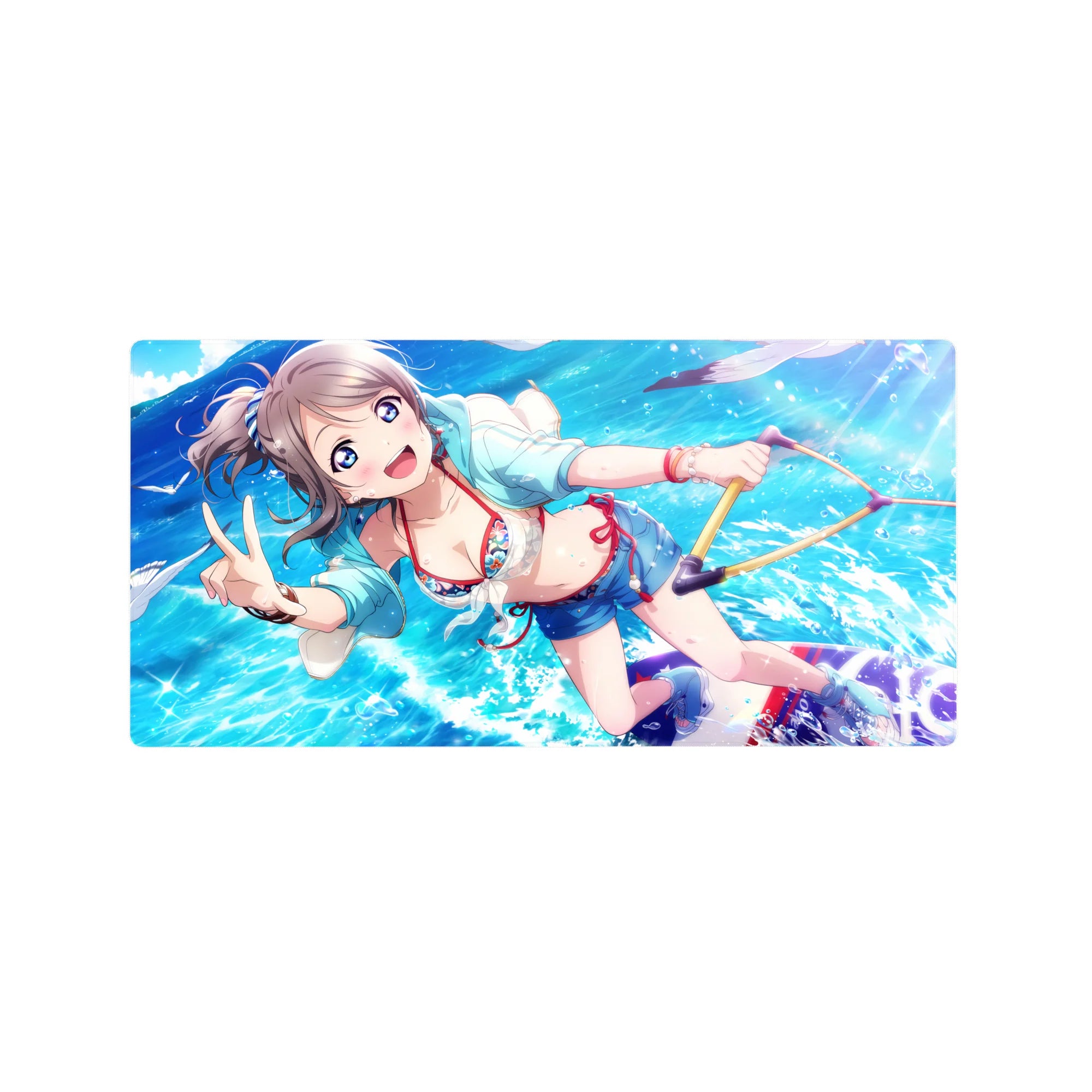 32x16 inches anime girl mouse pad with ocean bubbles, peace sign pose, pastel hoodie and floral bikini details.