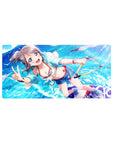 32x16 inches anime girl mouse pad with ocean bubbles, peace sign pose, pastel hoodie and floral bikini details.