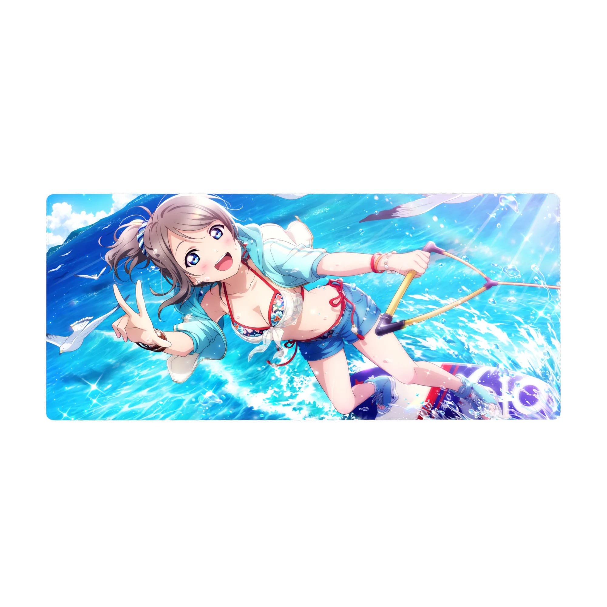 36x16 inches anime girl desk pad with ocean bubbles, pastel hoodie, floral bikini accents, peace sign.