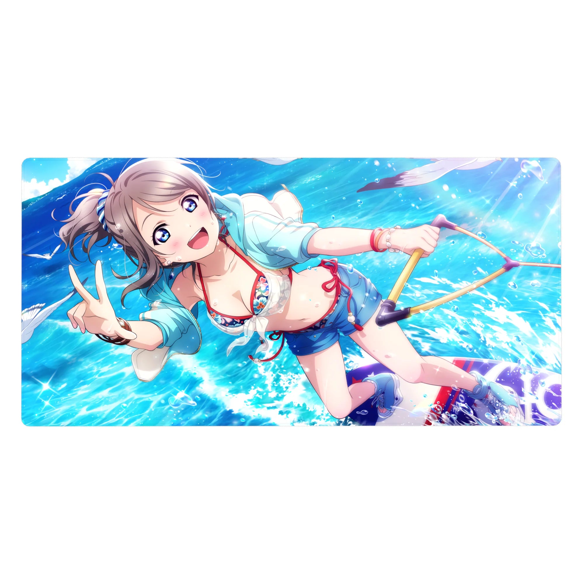 Anime girl desk pad 40x20 inches with ocean bubbles, peace sign pose, pastel hoodie and bikini details.