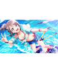Anime girl desk pad 40x20 inches with ocean bubbles, peace sign pose, pastel hoodie and bikini details.