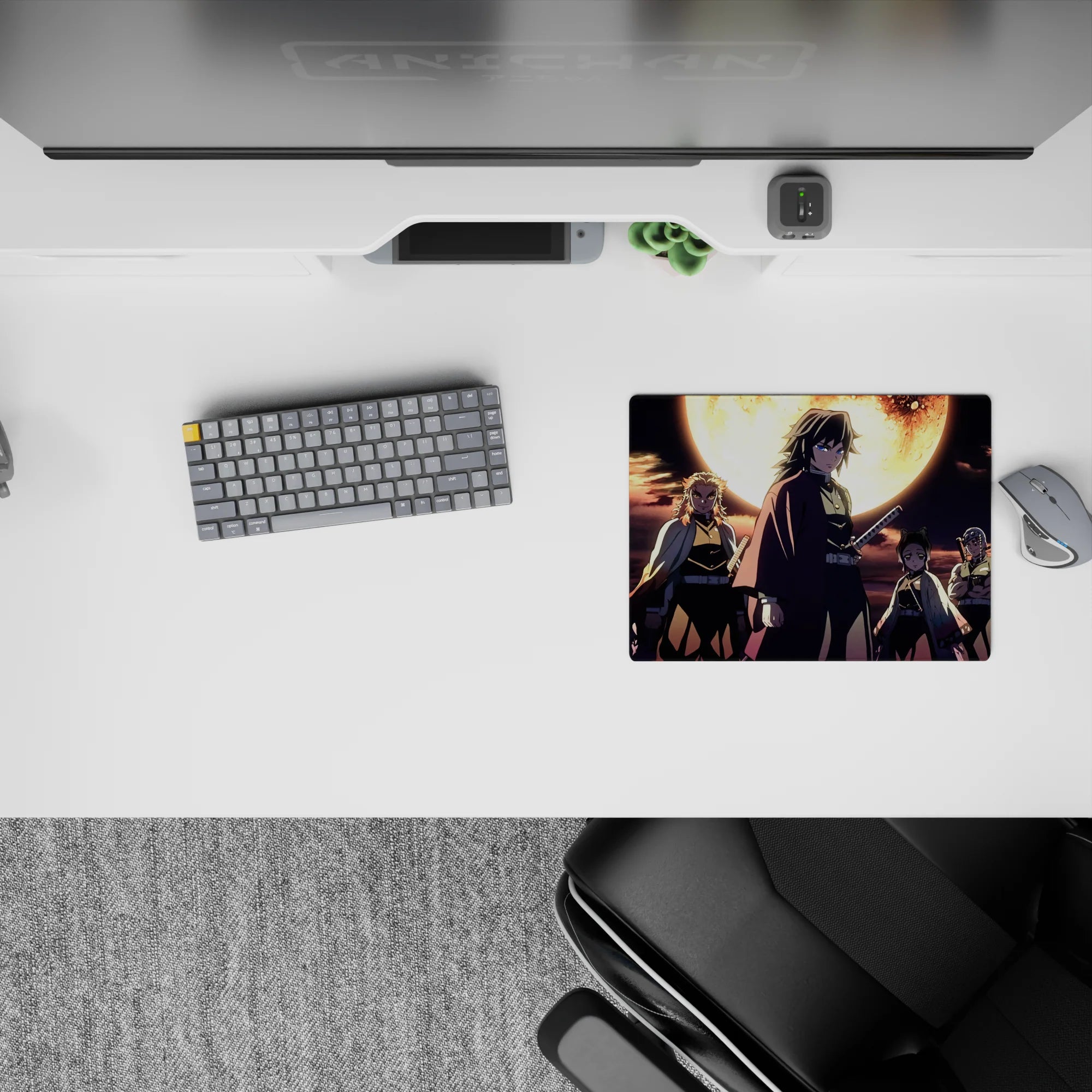 Anime mouse pad 14x10 inches featuring Demon Slayer Hashira under a burning moon, with deep blues and molten gold contrast.