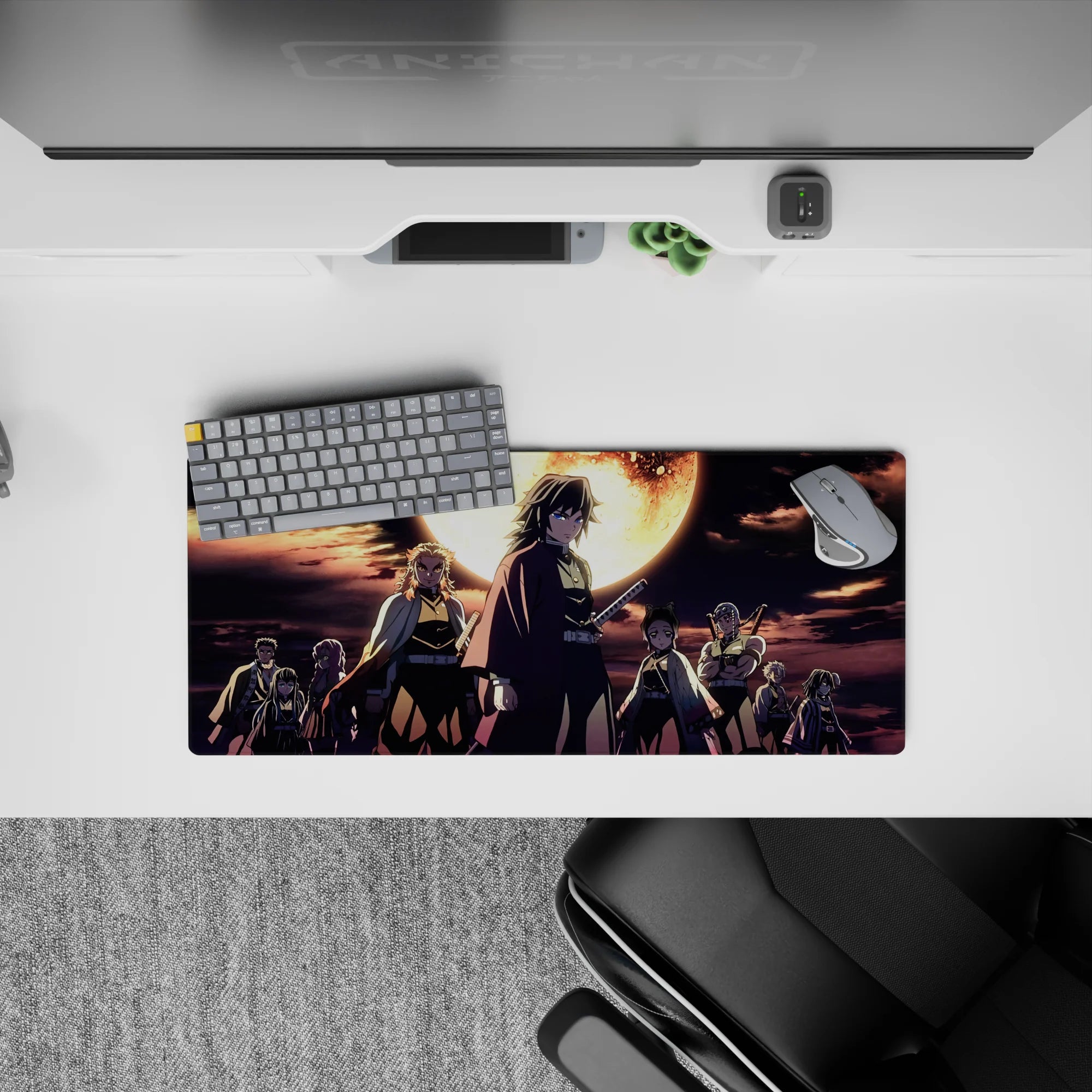 Anime mouse pad 28x12 inches featuring Hashira from Demon Slayer under a burning moon, with deep blues and molten gold.