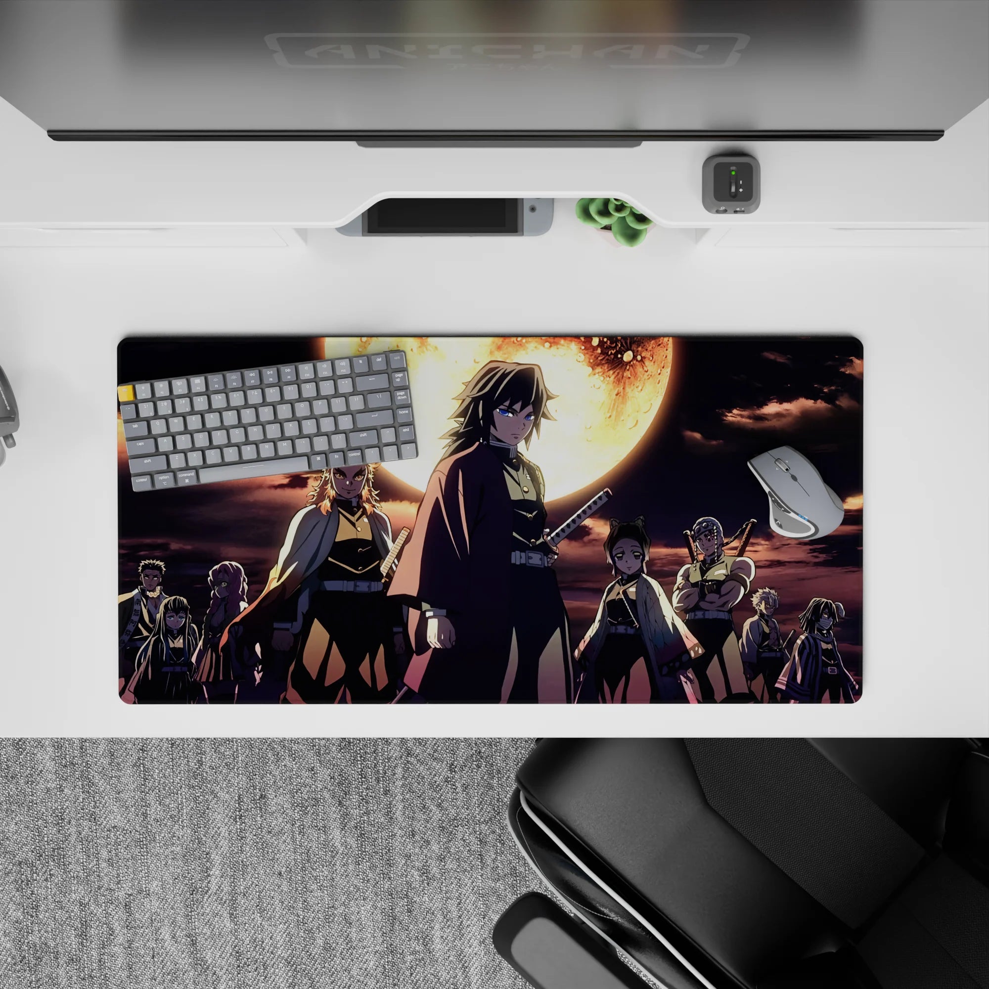 Anime mouse pad 32x16 inches featuring Demon Slayer Hashira, with a burning moon backdrop, in blues and golds.