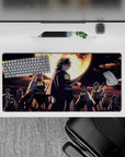 Anime mouse pad 32x16 inches featuring Demon Slayer Hashira, with a burning moon backdrop, in blues and golds.