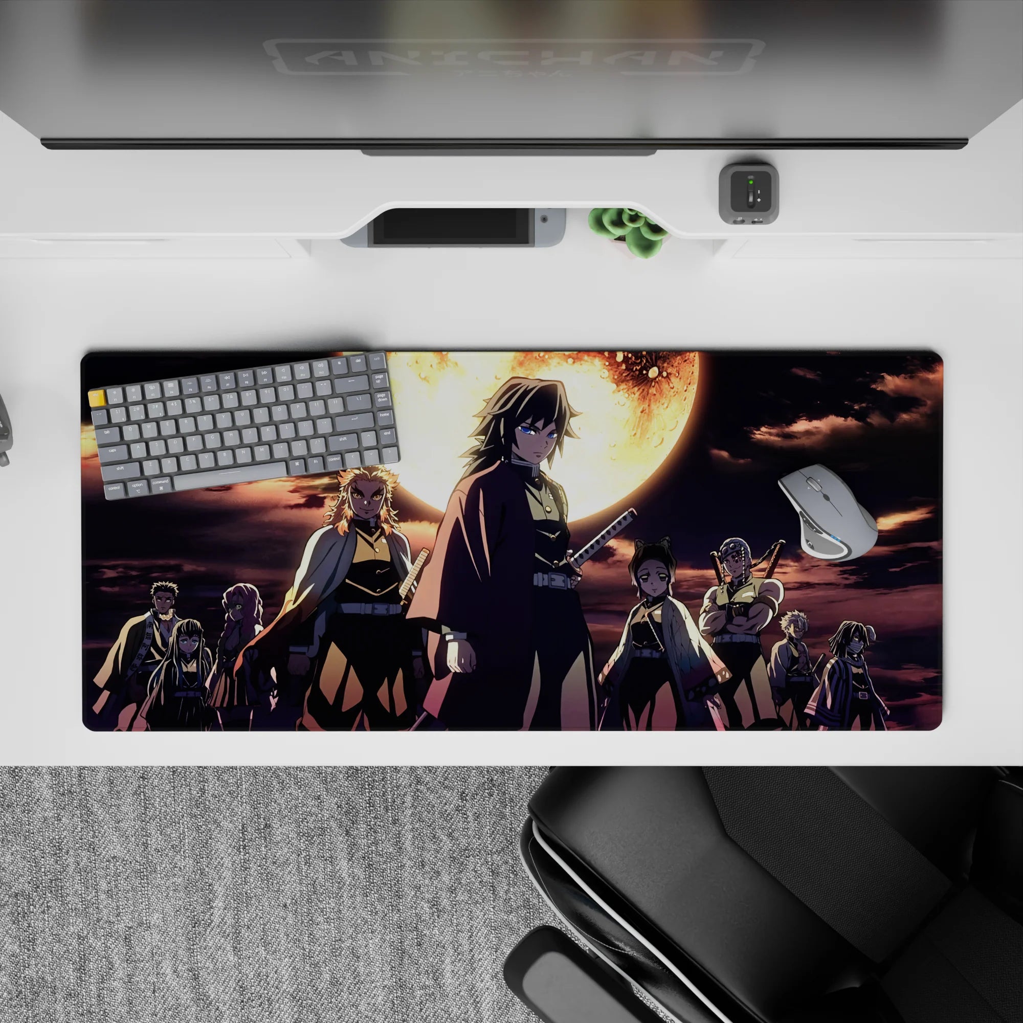 Demon Slayer anime desk pad 36x16 inches featuring Hashira under moonlight, with deep blues and molten gold contrasts.