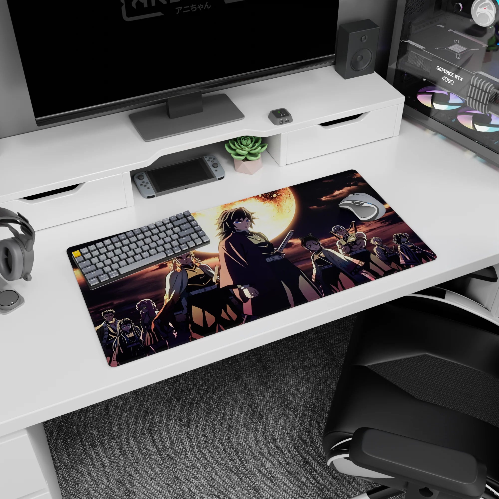 Demon Slayer 32x16 inch mouse pad featuring Hashira under a burning moon; vivid blues and golds create a cinematic effect.