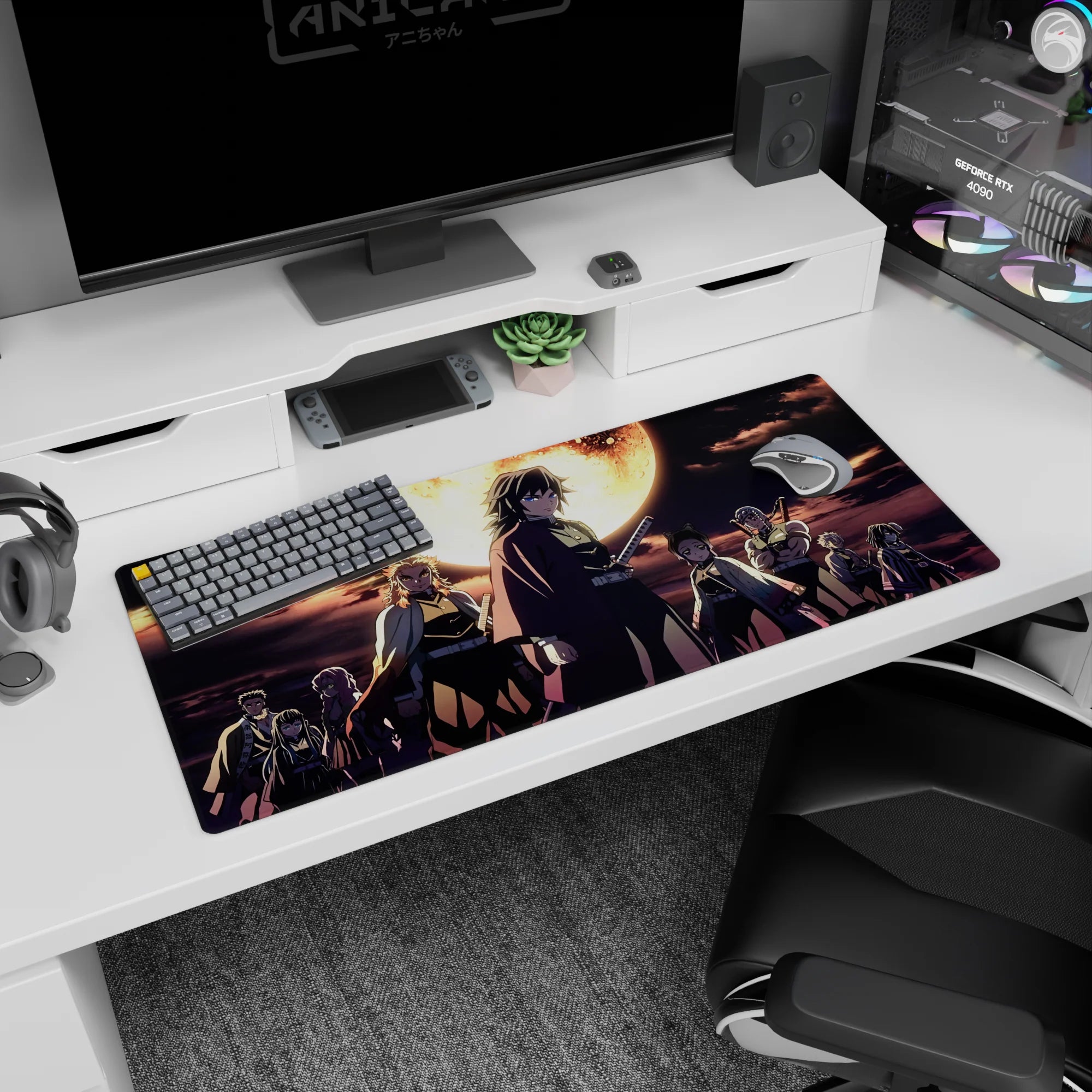 Anime desk pad 36x16 inches featuring Demon Slayer Hashira under a burning moon, with deep blues and molten gold accents.