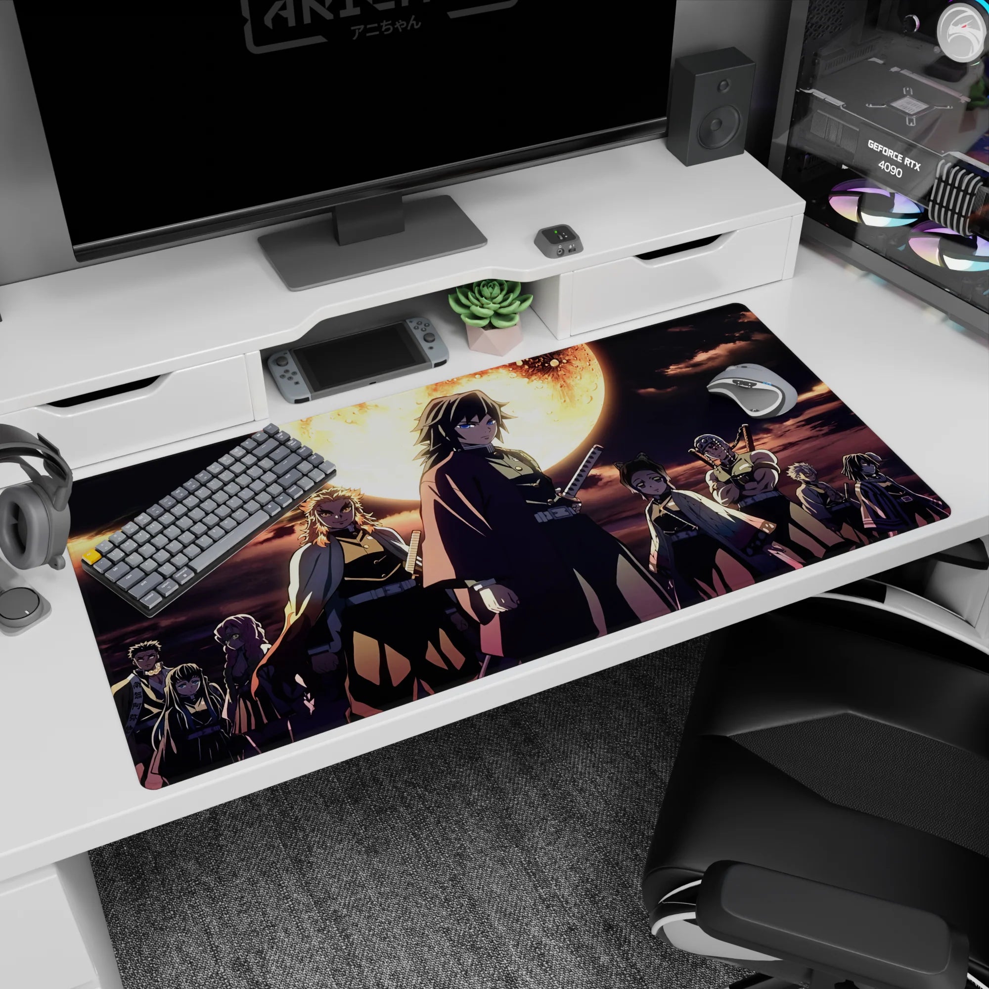 Anime desk pad 40x20 inches featuring Demon Slayer's Hashira under a burning moon, with deep blues and molten gold accents.