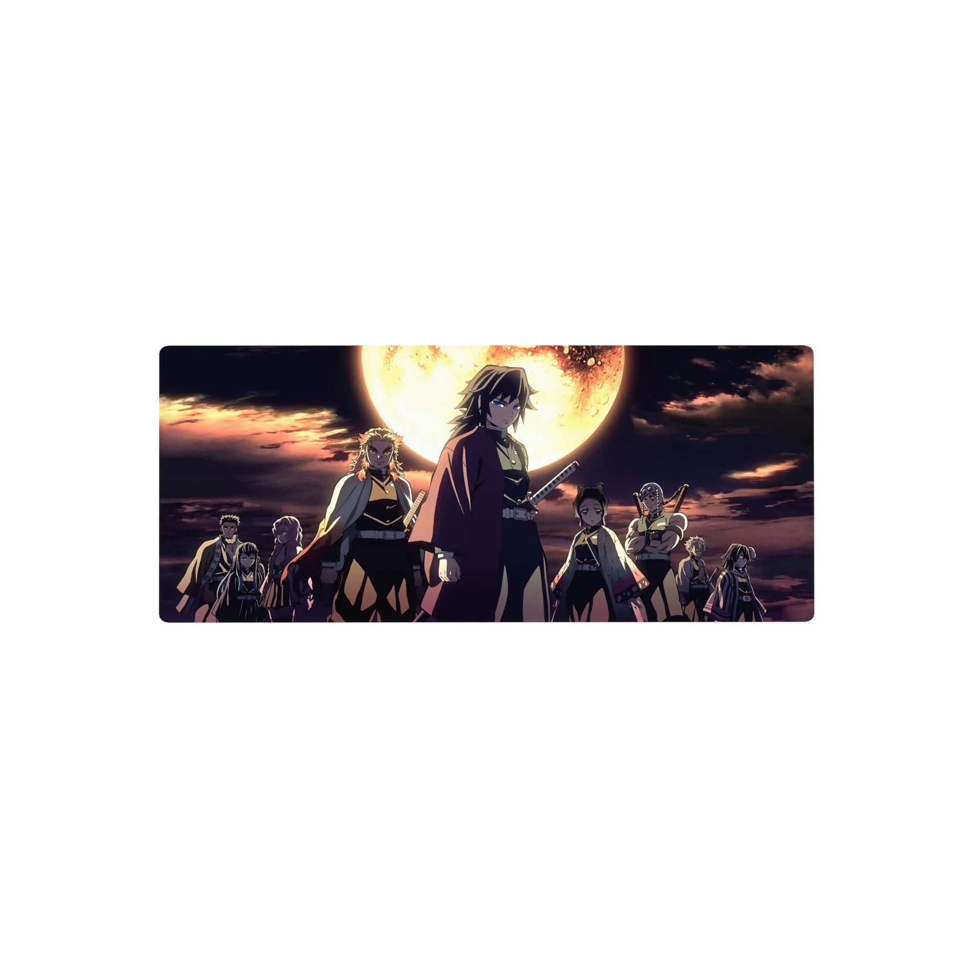 Anime mouse pad 28x12 inches featuring all Hashira from Demon Slayer under a burning moon, in deep blues and molten gold.