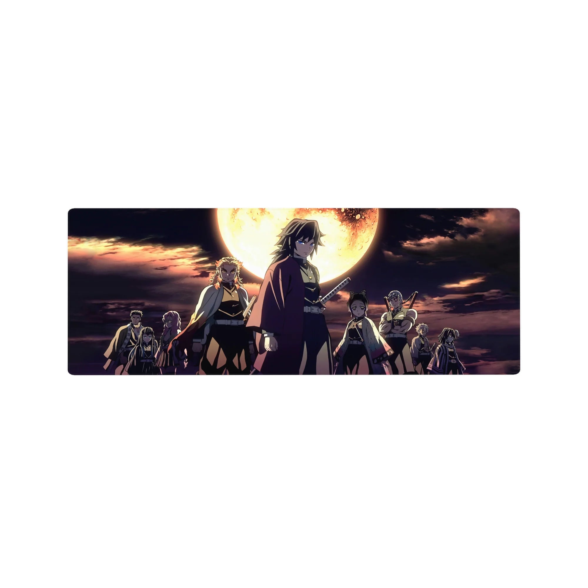 Anime mouse pad 32x12 inches featuring Demon Slayer Hashira under a burning moon, with deep blues and molten gold.