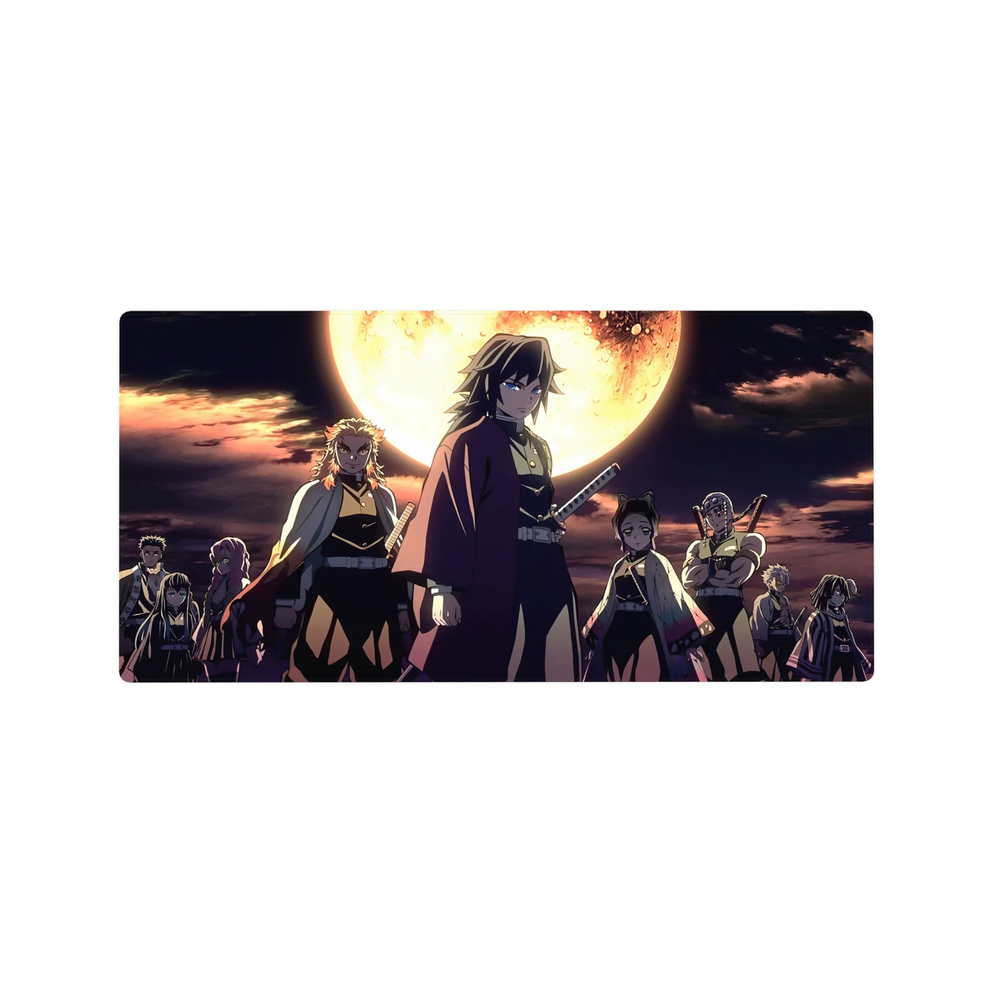 Anime mouse pad 32x16 inches featuring Demon Slayer Hashira under a burning moon, with intense blue and gold contrasts.