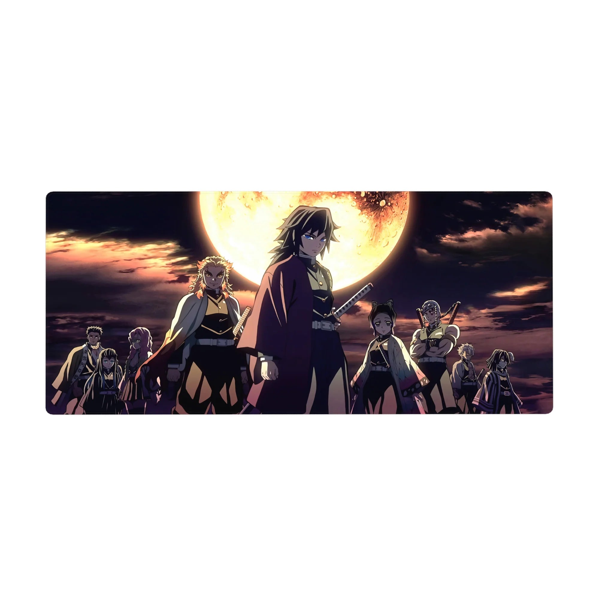 Anime desk pad 36x16 inches featuring Demon Slayer Hashira under a burning moon, with deep blues and molten gold accents.