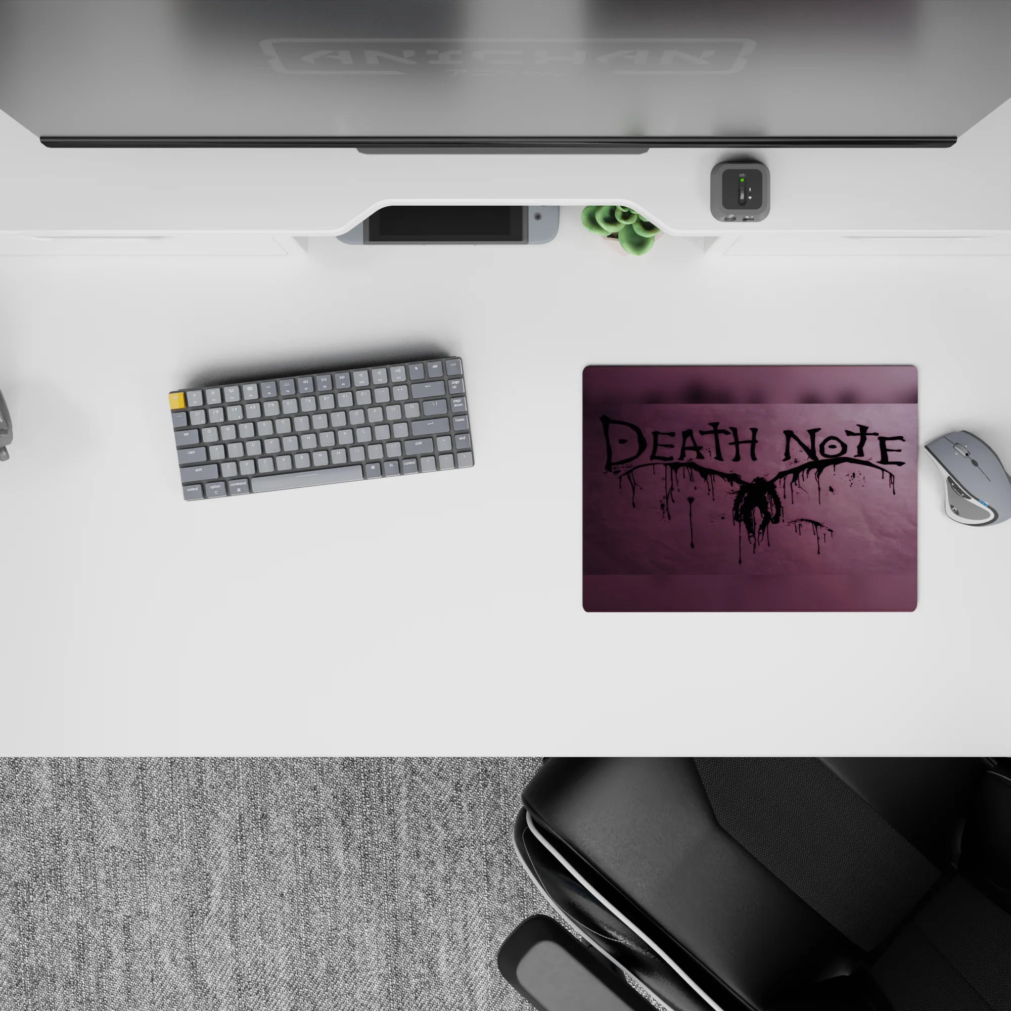 Dark purple smoky Death Note anime mouse pad 14x10 inches, dripping lettering and splatter for night vibe.