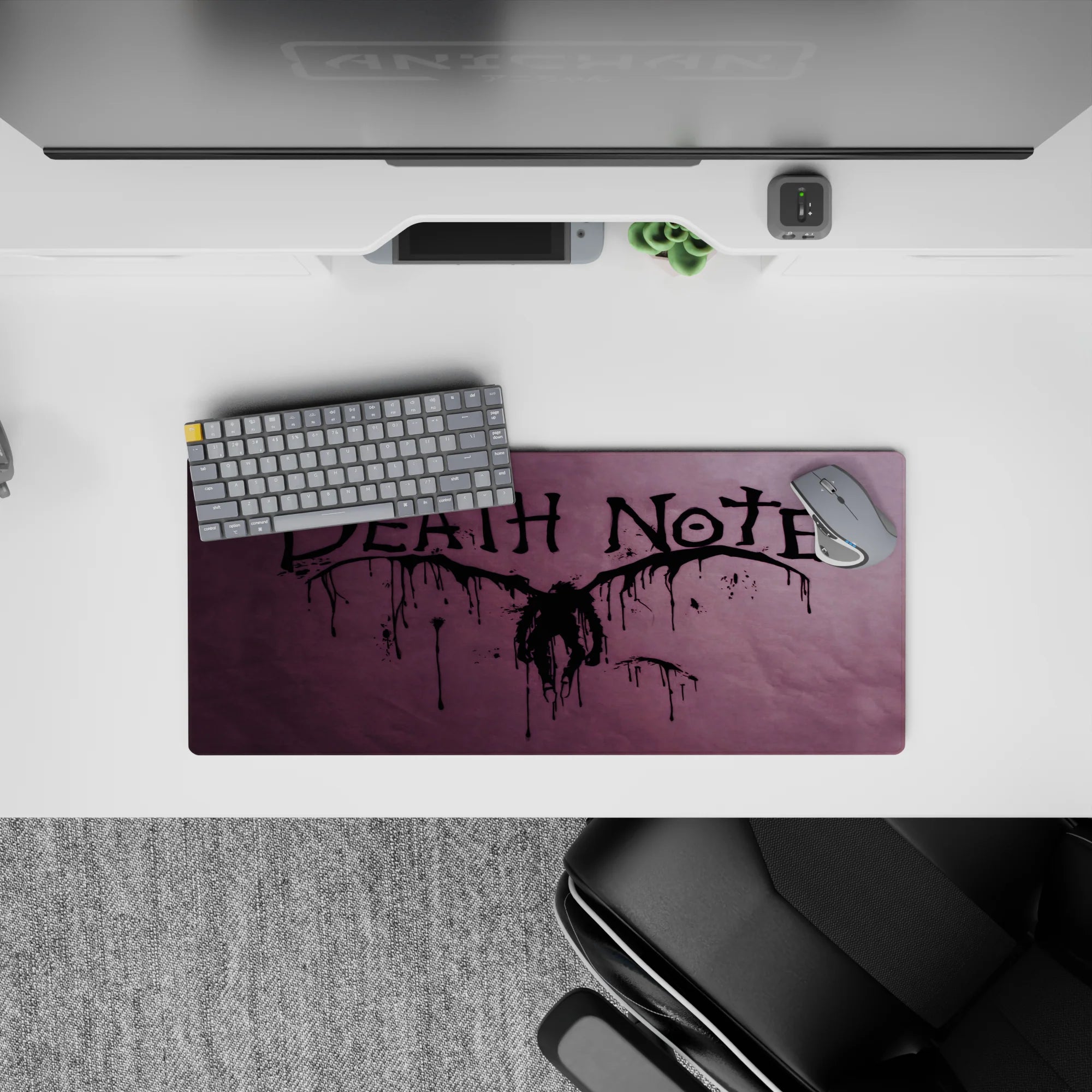 Dark purple smoky Death Note anime mouse pad 28x12 inches, dripping lettering vibe for gaming or study.