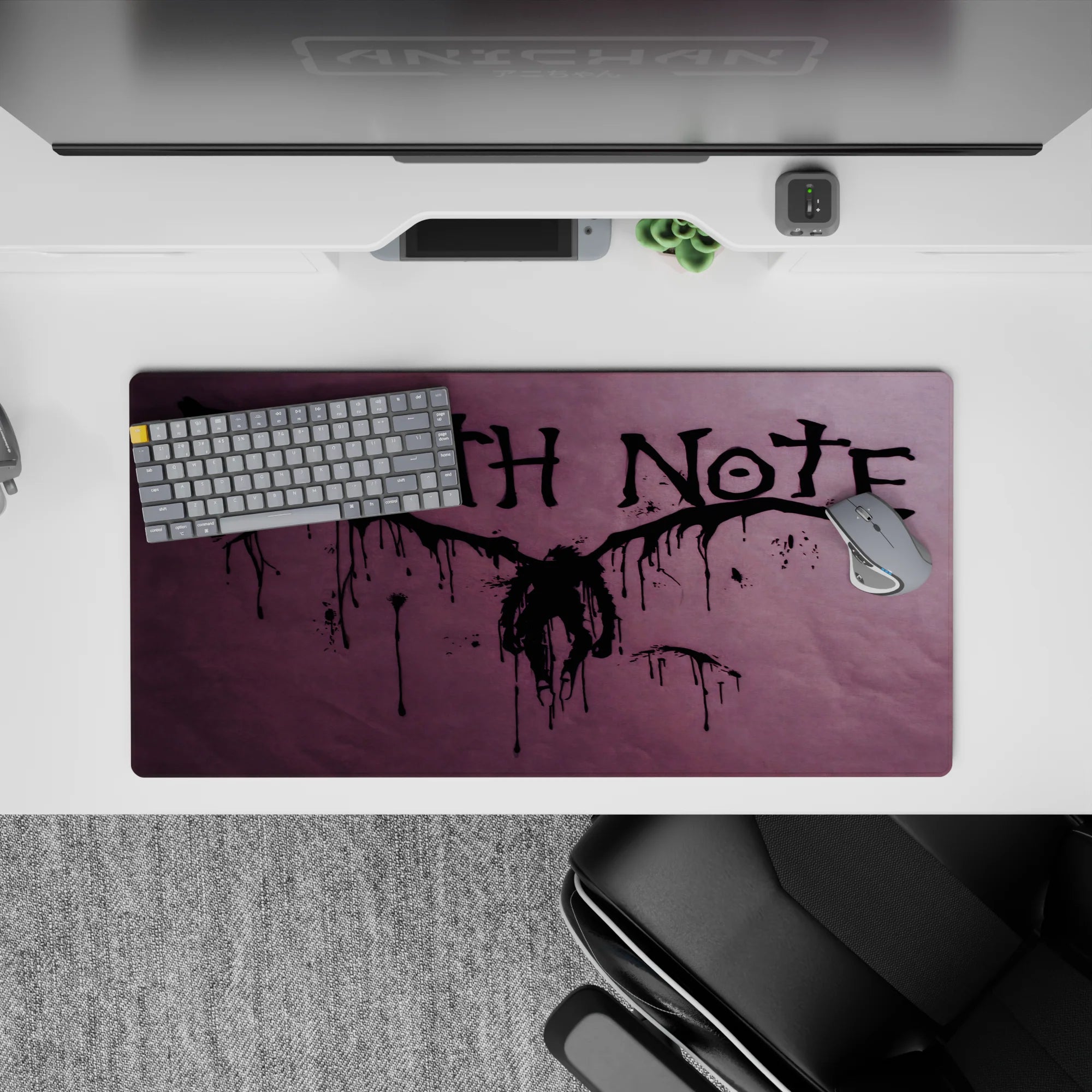 Smoky purple haze Death Note anime mouse pad 32x16 inches, dark drip-ink vibe for gaming desks.