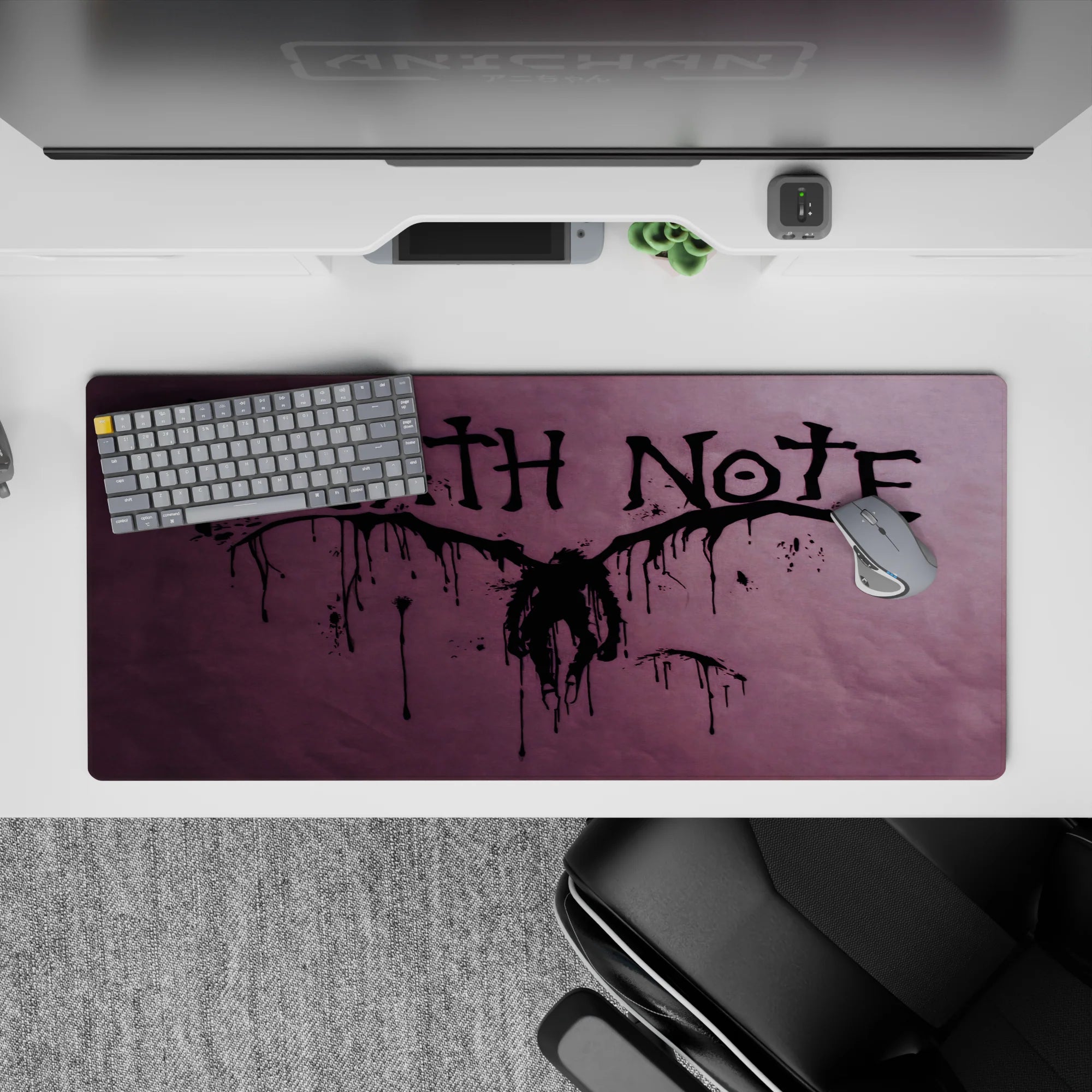 Smoky purple Death Note anime desk pad 36x16 inches with dripping ink lettering for a dark study vibe.